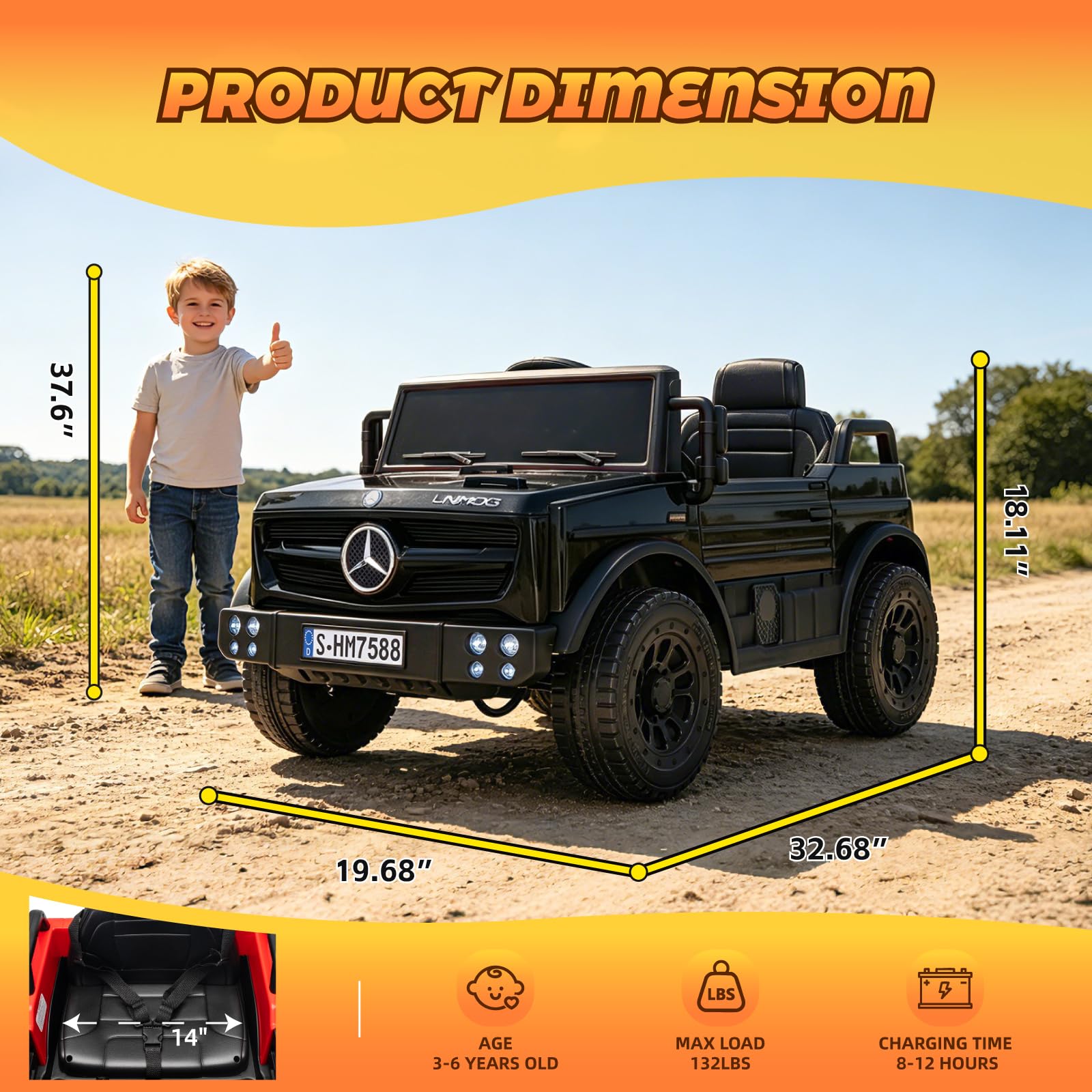 TCARAIWEN Kinderauto Elektro Mercedes-Benz Unimog Lizenz, 12V Elektroauto für Kinder 3-6 Jahre, Kinderfahrzeug mit Fernbedienung, 3-Punkt-Gurt, Bluetooth, 5 km/h (Schwarz)