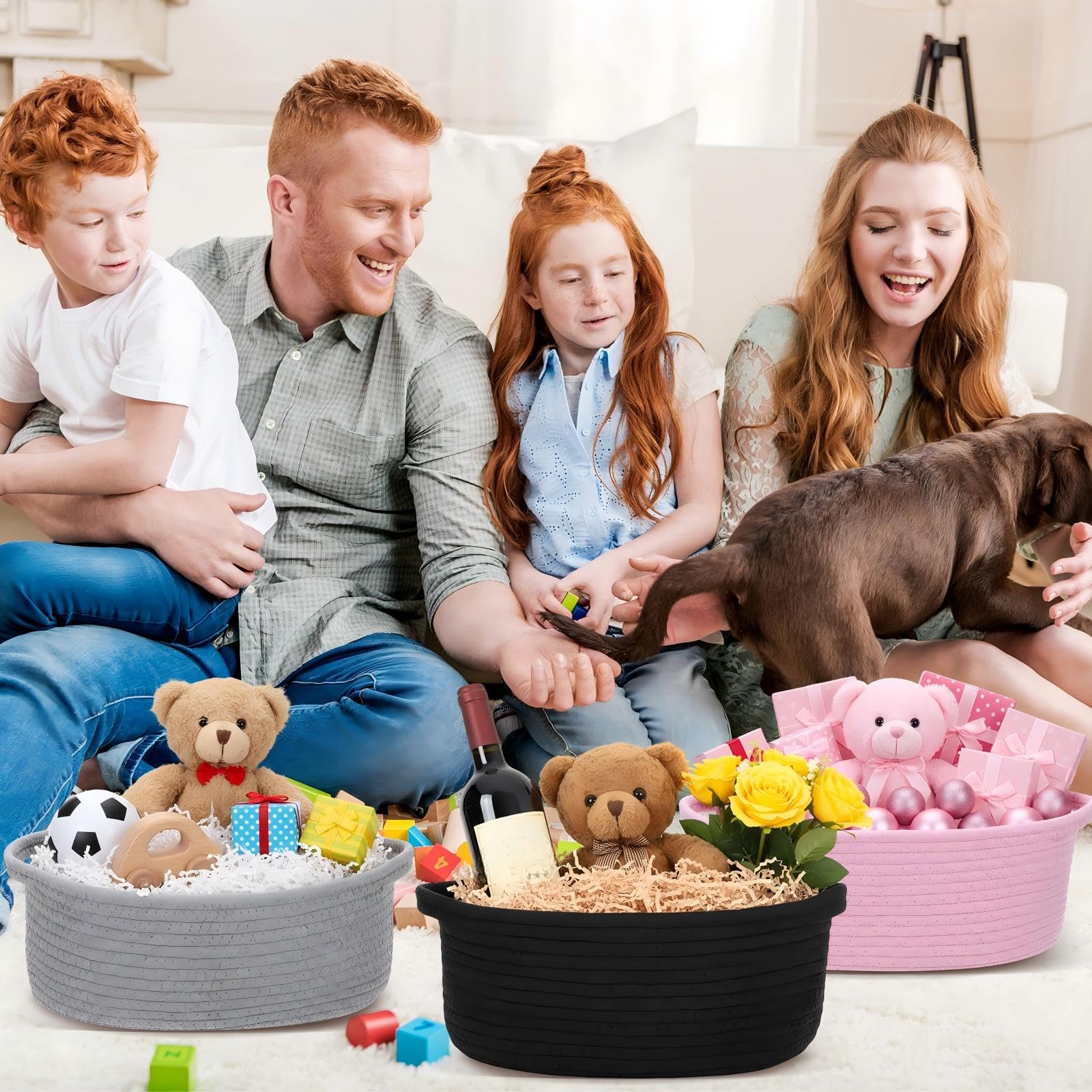 Colingmill Graduation Woven Basket with Gift Bags and 2 Ribbons, Raffia Grass Paper Shred Filler, Gift Card, Empty Small Rope Basket for Storage Presents Toy Organizer(Black,12 * 8 Inch)