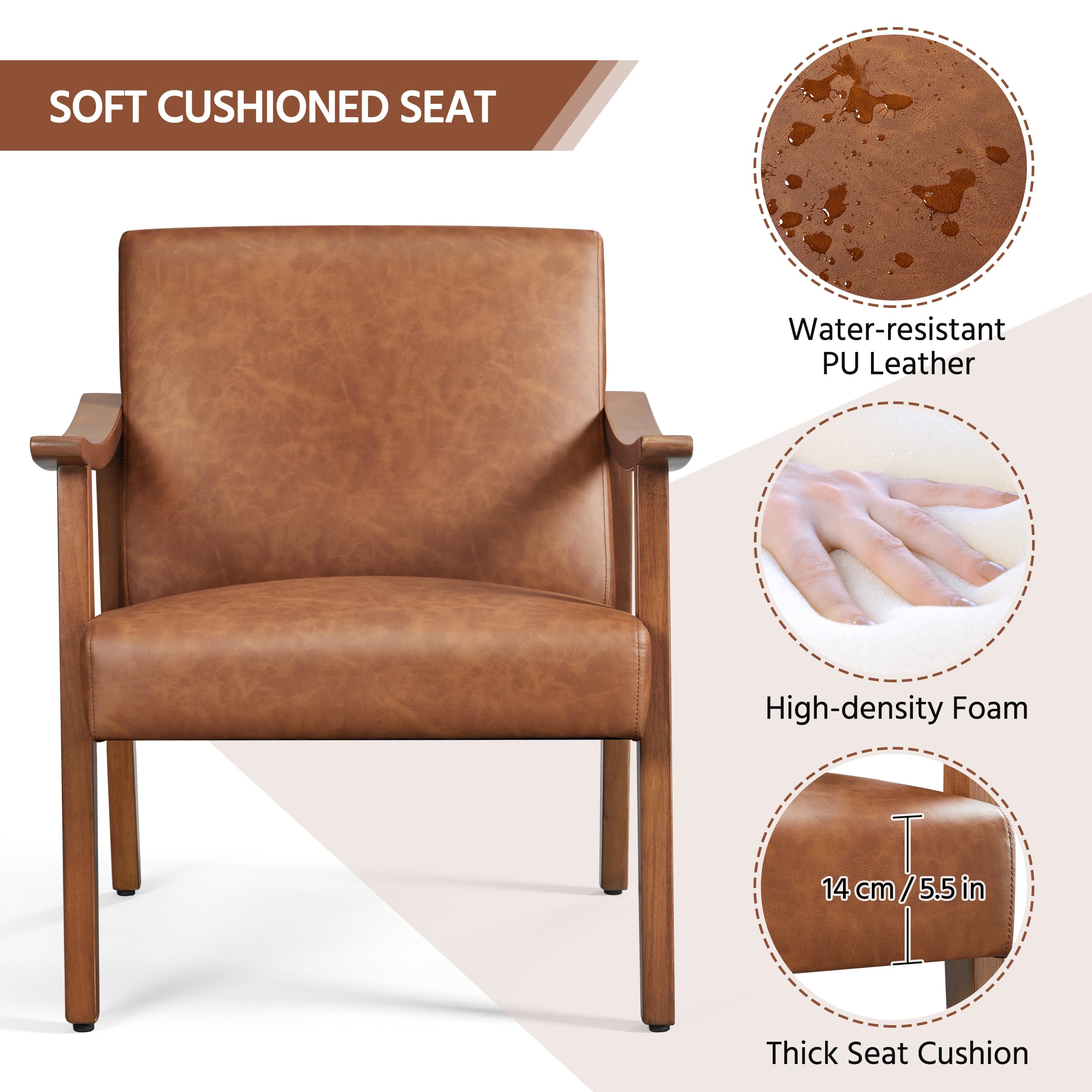 Yaheetech Poltrona Lounge in Ecopelle Imbottita con Schienale Braccioli Ergonomica da Salotto/Lettura/Ufficio/Studio/Intrattenimento Marrone Chiaro