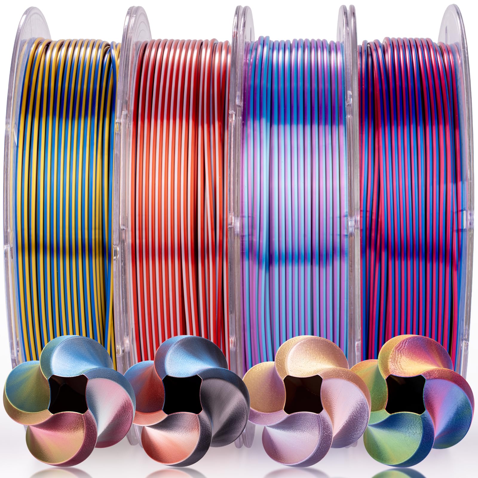 AMOLEN Silk PLA 3D Printer Filament Bundle, Shiny Silkverse 4 Colors in 1 Filament 1.75mm Pack Multi Color from 4 Angles, 4×200g