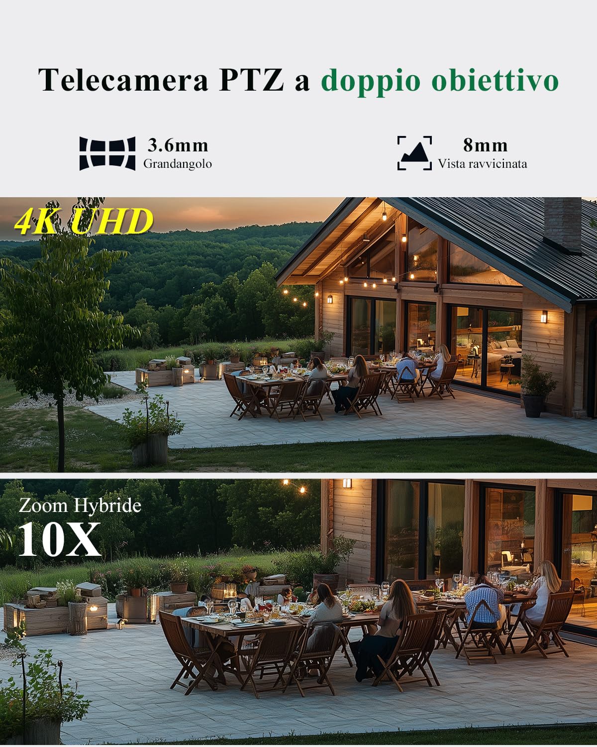 Ctronics 4K Zoom Ibrido 10X Telecamera, Doppio Obiettivo, WiFi 2,4/5GHz | Tracciamento e Zoom Automatici, Rilevamento di Persone/Veicoli/Animali, 256GB TF/Cloud/FTP/NAS, 35m Visione Notturna a Colori