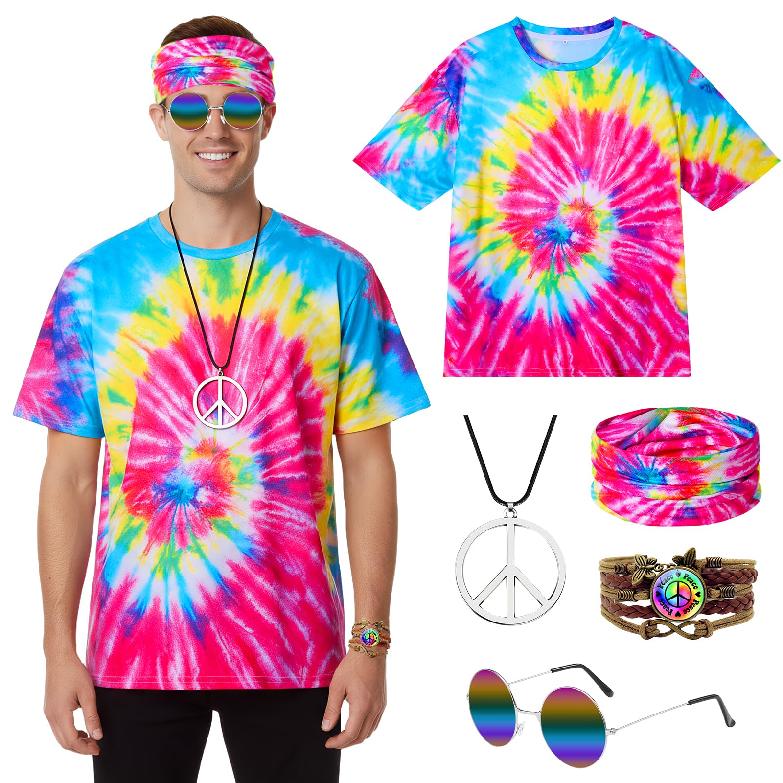 Disfraz Hippie Hombre, Disfraz Años 80 70 60, con Hippie Accesorios, Traje de Discoteca, Flower Power,Disfraces Halloween Originales Carnaval