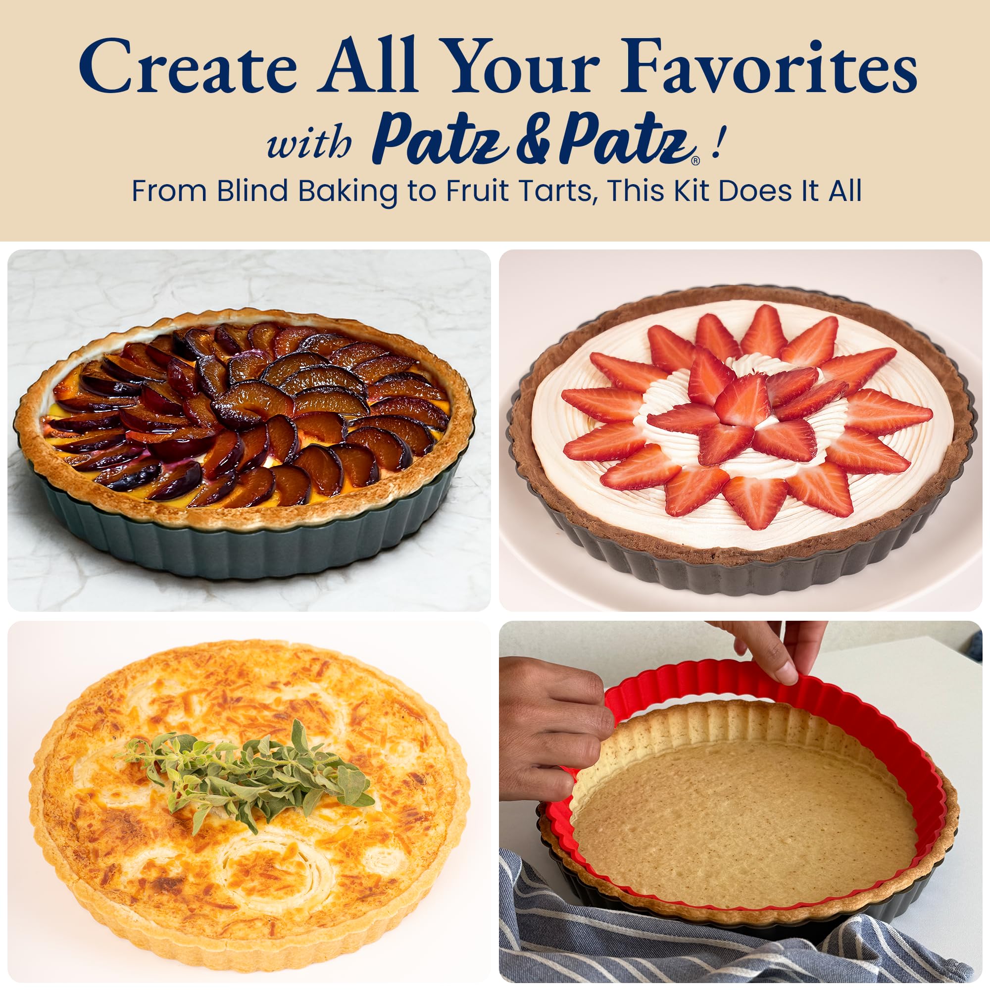 Patz&Patz Molde clásico estriado para tartas con fondo extraíble, 22,86 cm, antiadherente de acero al carbono con anillo moldeador de corteza y peso de silicona para tartas, tartas y quiche