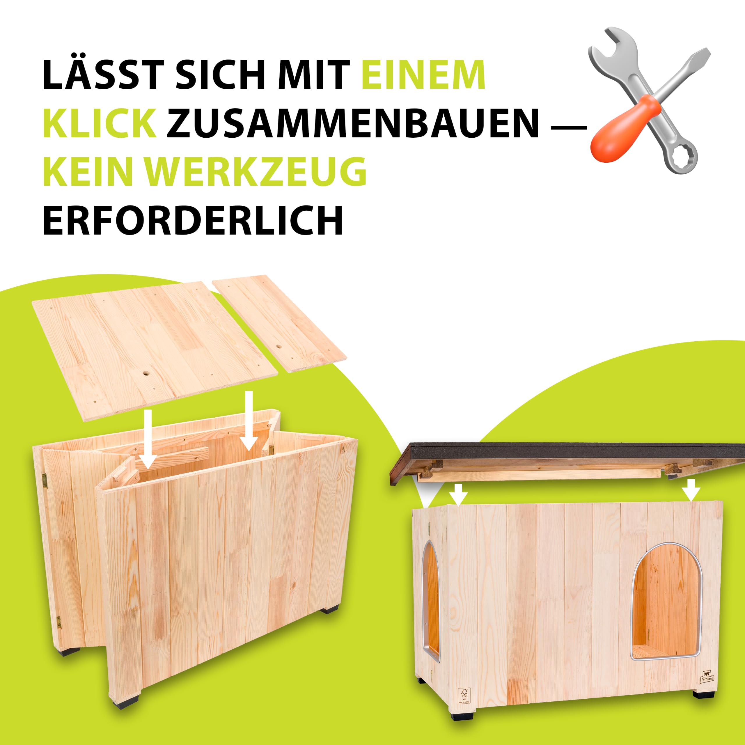 Ferplast Holz Hundehütte draußen – Isolierte Hundehütte für 4 Jahreszeiten, Wetterfest, Erhöhter Boden, Schutz vor Regen & Feuchtigkeit, 67 x 53 x 52,5 cm