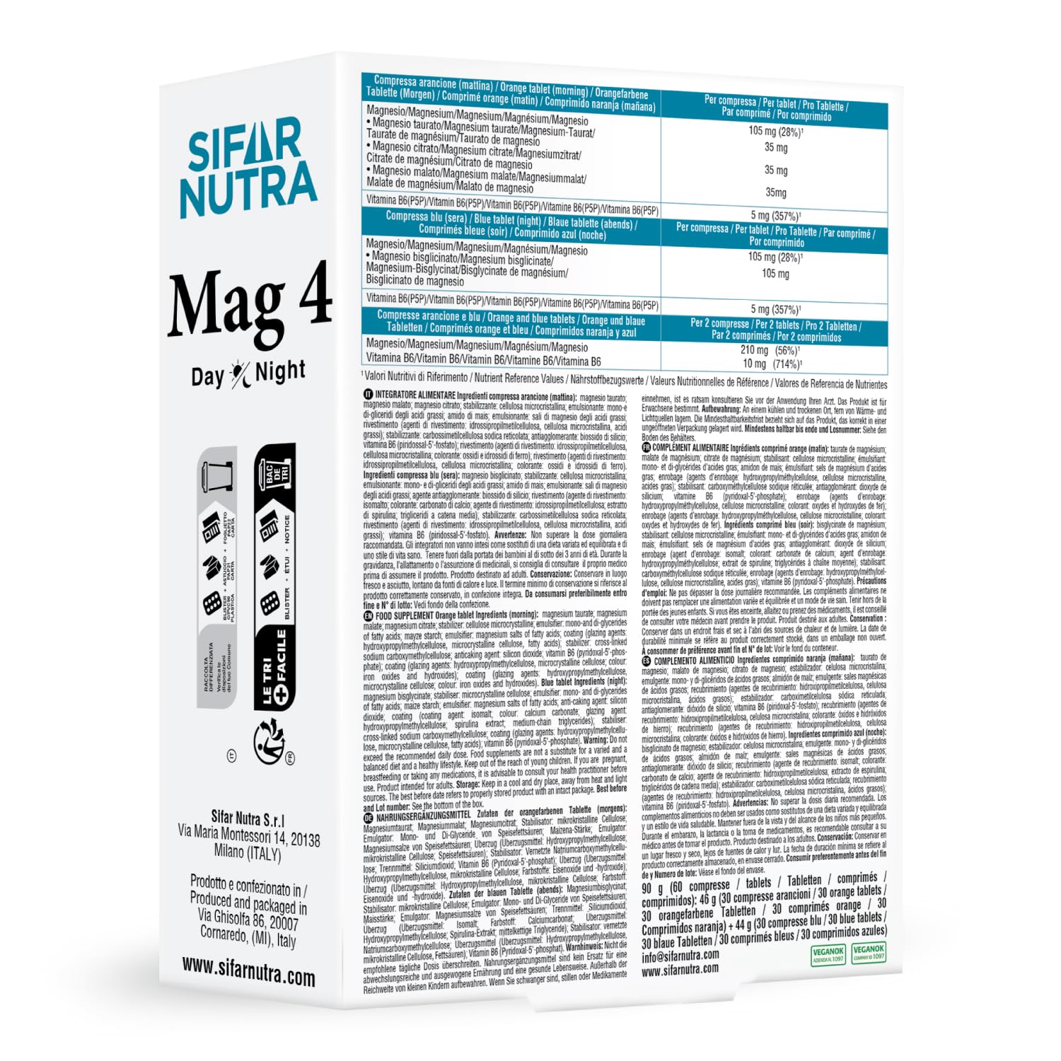 Sifar Nutra Mag 4 Day&Night |magnesio completo|4 sali di magnesio e la vitamina B6 | integratore antistress e fatica|senza glutine e lattosio | compresse giorno e notte |180 compresse (3 Confezioni)