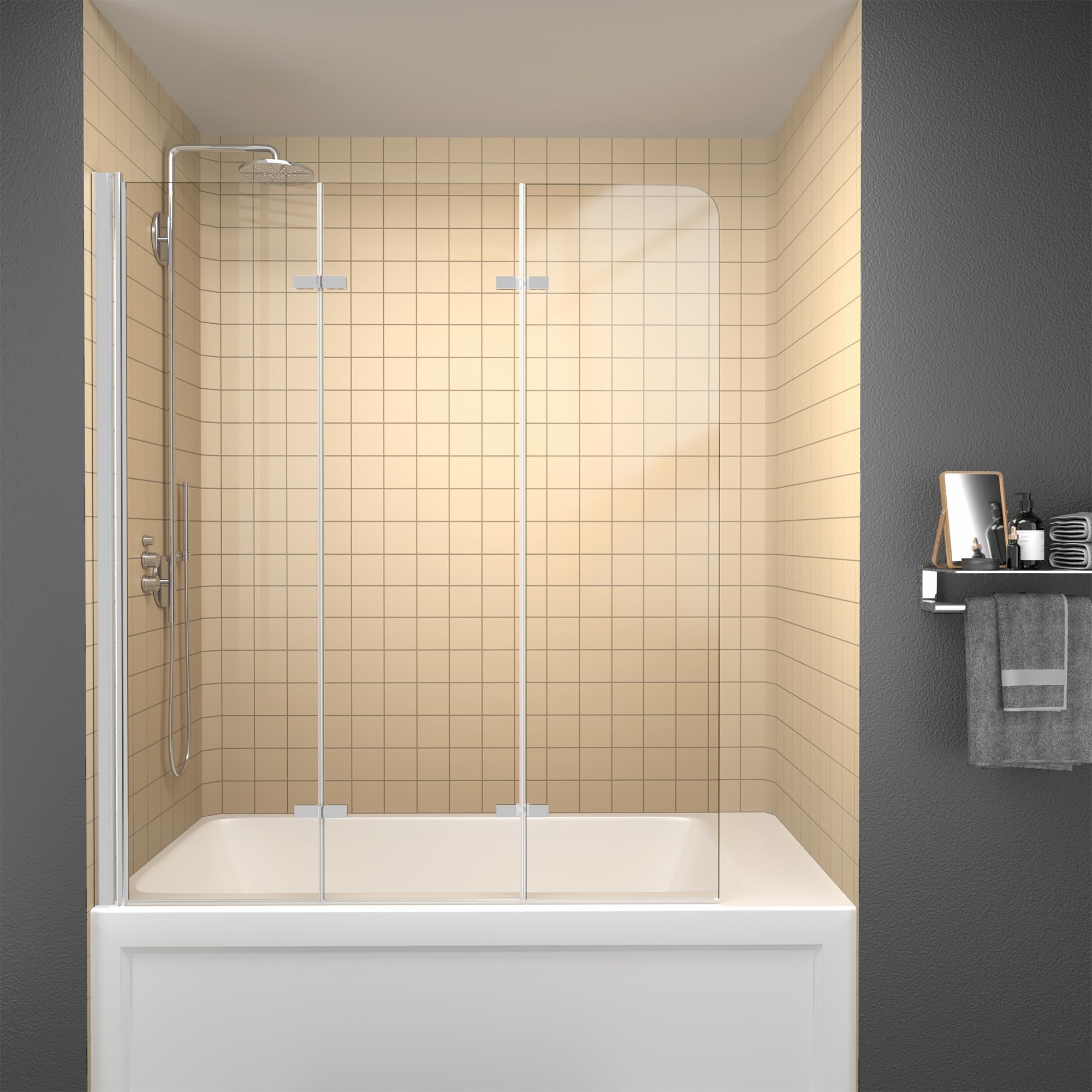 GETPRO Tub Shower Door Semi-Frameless Foldable Hinged Bathtub Glass Door for Shower with Tempered Coating Glass Panel Polished Chrome Size 51" W x 59" H