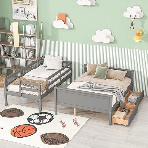 Miniatura 137 de Litera individual sobre matrimonial con cajones, escalera deslizante y almacenamiento, litera de madera con barandilla alta y escalera para niños,