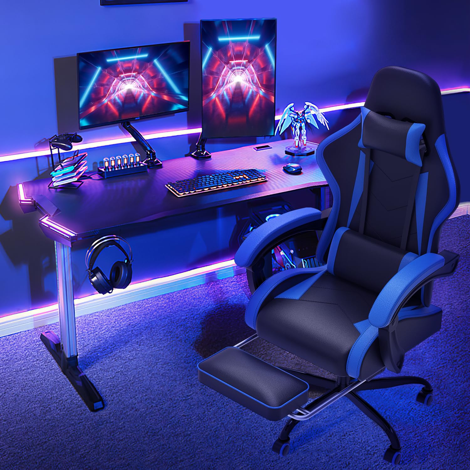 Devoko Sedia da Gaming Massaggiante con Poggiapiedi Telescopico, Sedia Gamer con Cuscino Lombare Massaggio & Poggiatesta, Ergonomico Sedia da Ufficio Schienale Regolabile 90-135°, Portata 150kg(Blu)