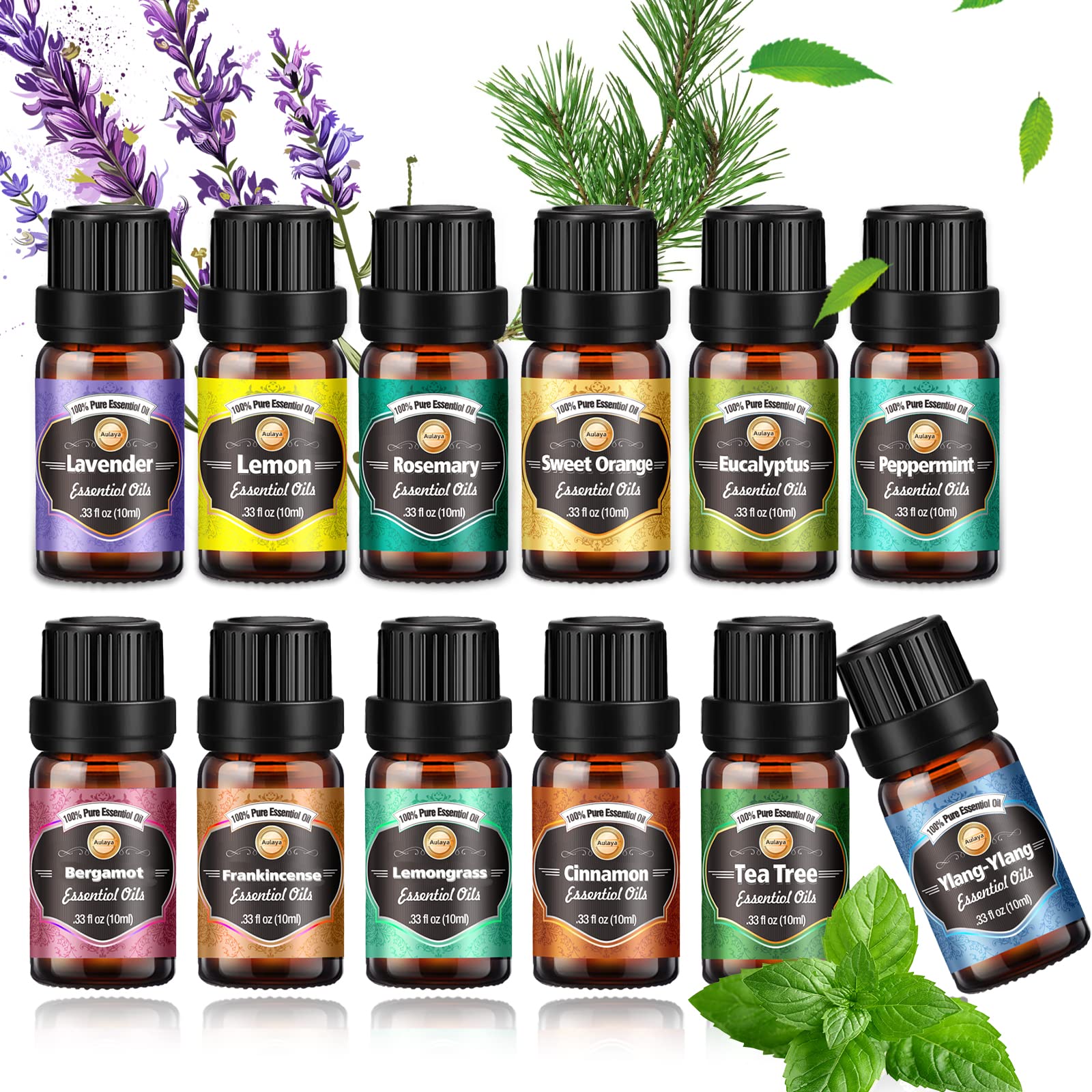 AMINAC Essential Oil, 12 x 10 mL Diffuser Oil, Pure Lavender, Eucalyptus, Lemon, Lemongrass, Sweet Orange, Tea Tree, Peppermint, Bergamot, Frankincense, Rosemary, Cinnamon, and Ylang-Ylang