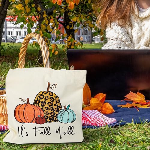 Miniatura 6 de Whaline Paquete de 2 bolsas de lona de otoño, bolsas de comestibles con diseño de calabaza, con texto en inglés "It's Fall Y'all", bolsas de regalo