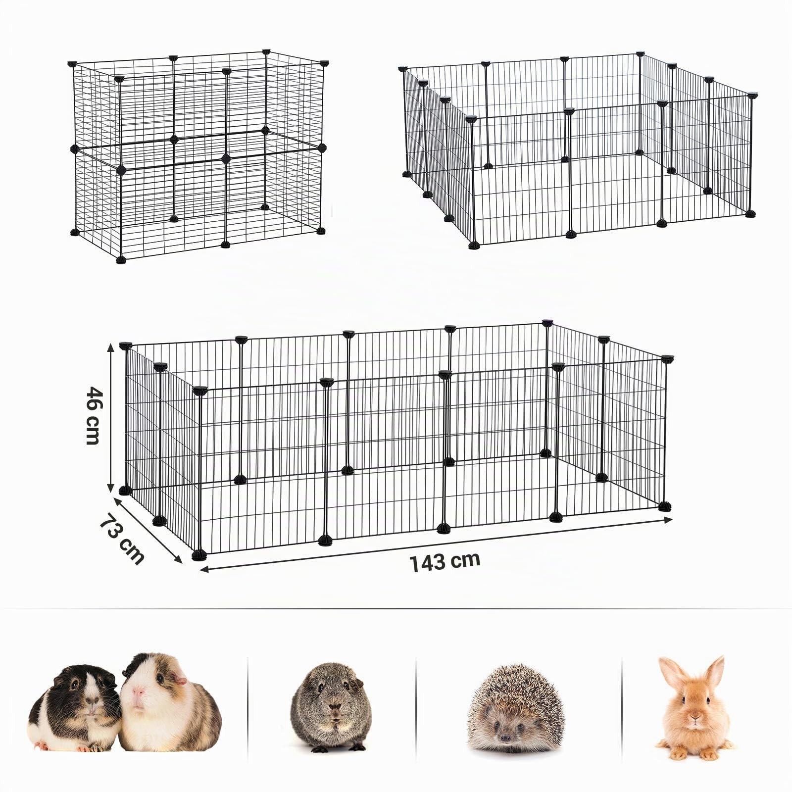 SONGMICS Recinto per Animali di Piccola Taglia, Recinzione Personalizzabile per Criceti, Conigli, Rete in Metello, Include Martelletto e Fascette, per Uso Interno, Nero LPI01H