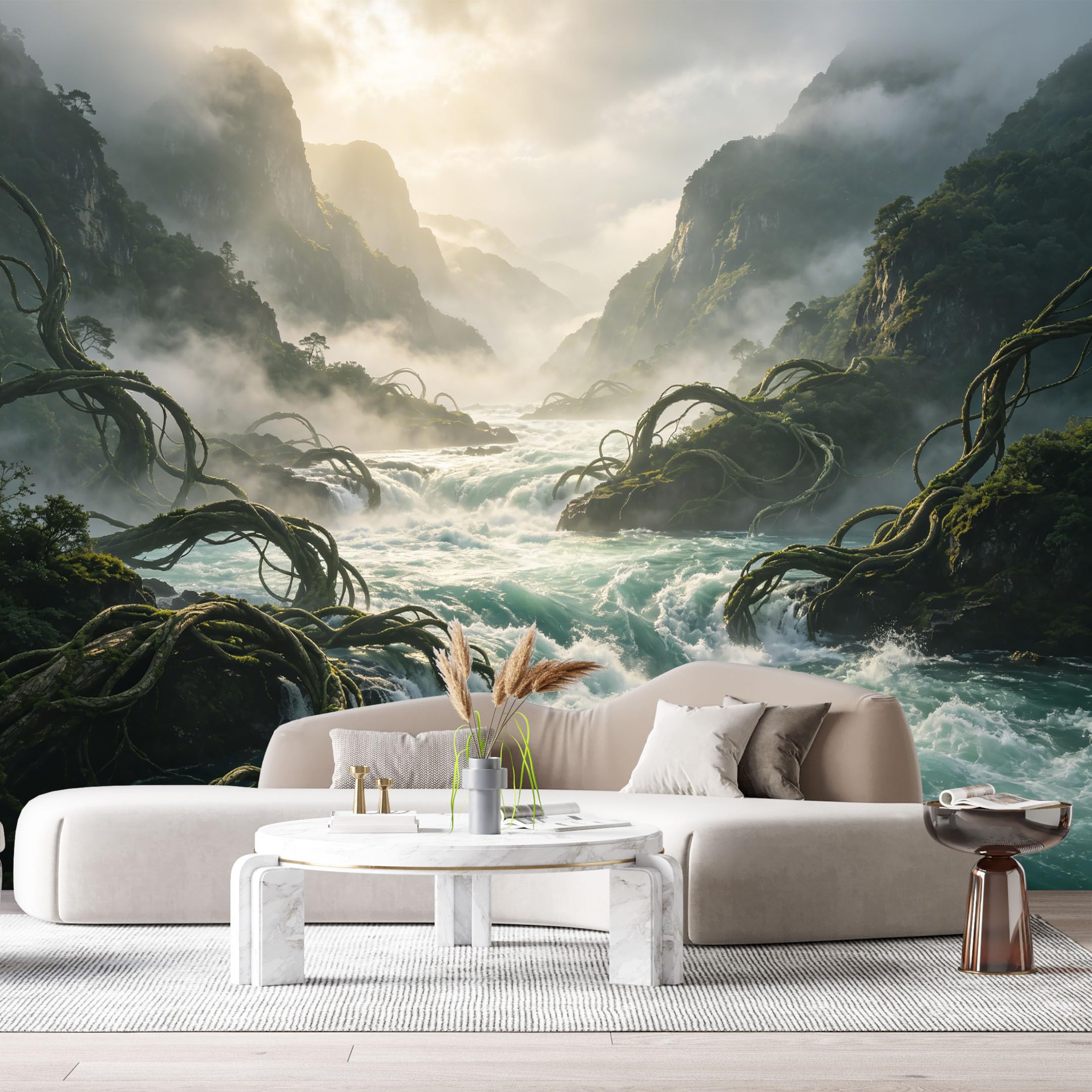 Custom Size Wall Murals Misty Mountain River Tropical Vines Landscape 3D Effect SelfAdhesive Wall Fabric Removable Large Wallpaper for Photo Living Room