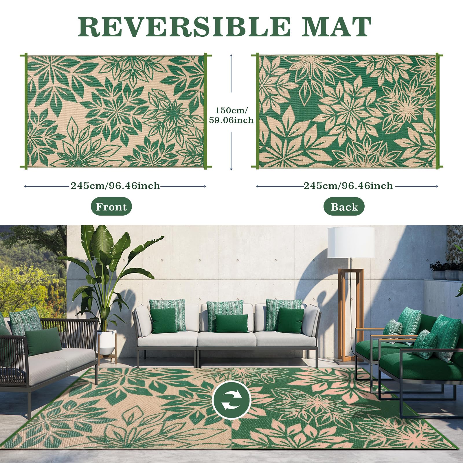 Tappeto da Esterno Impermeabile UV 150x245 cm Verde Reversibile per Terrazza Balcone