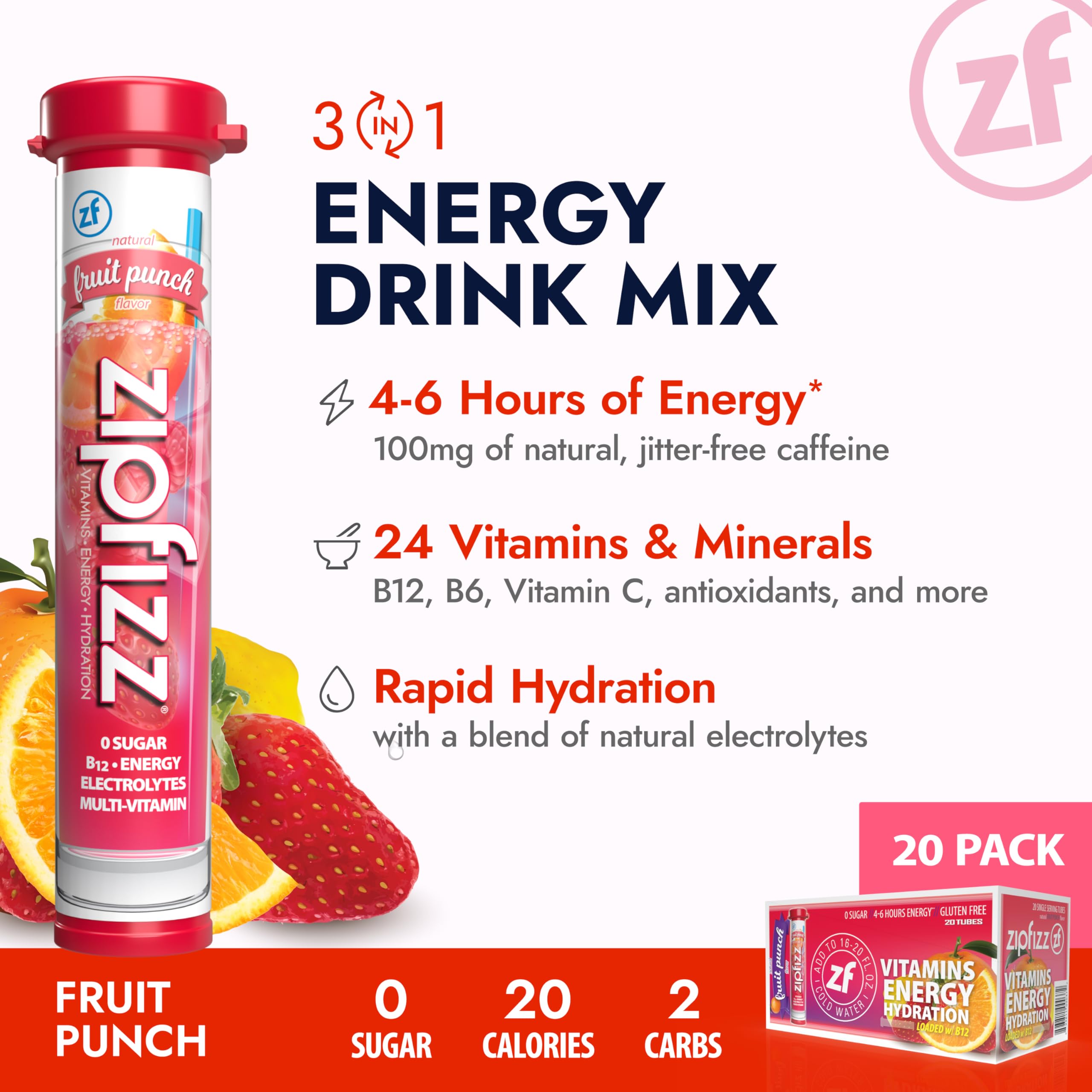Zipfizz Daily Energy Drink Powder Fruit Punch 20 Pack 3-in-1 Sustained Energy Rapid Hydration and Essential Vitamins Sugar-Free — view 2