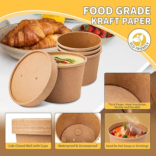 Miniatura 3 de Paquete de 50 recipientes de sopa con tapas, recipientes desechables y biodegradables, cuencos de papel kraft de 12 onzas con tapa para beber