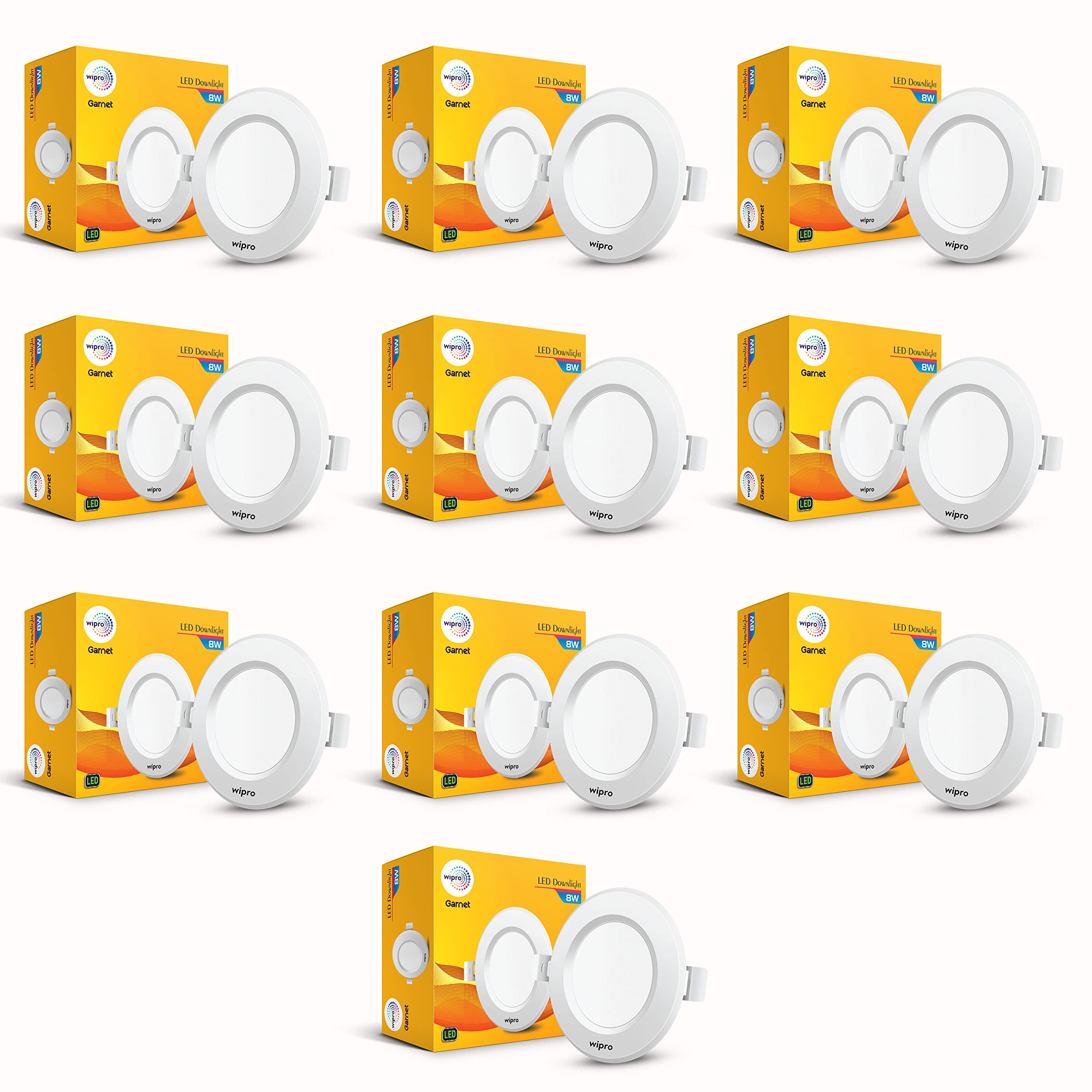 Wipro Polycarbonate Garnet 8W Round Downlight Junction Box|Cool White (6500K)|Glare-Free Design|Recessed Downlighter for False Ceiling|Cutout ? 3 Inch|Pack of 10