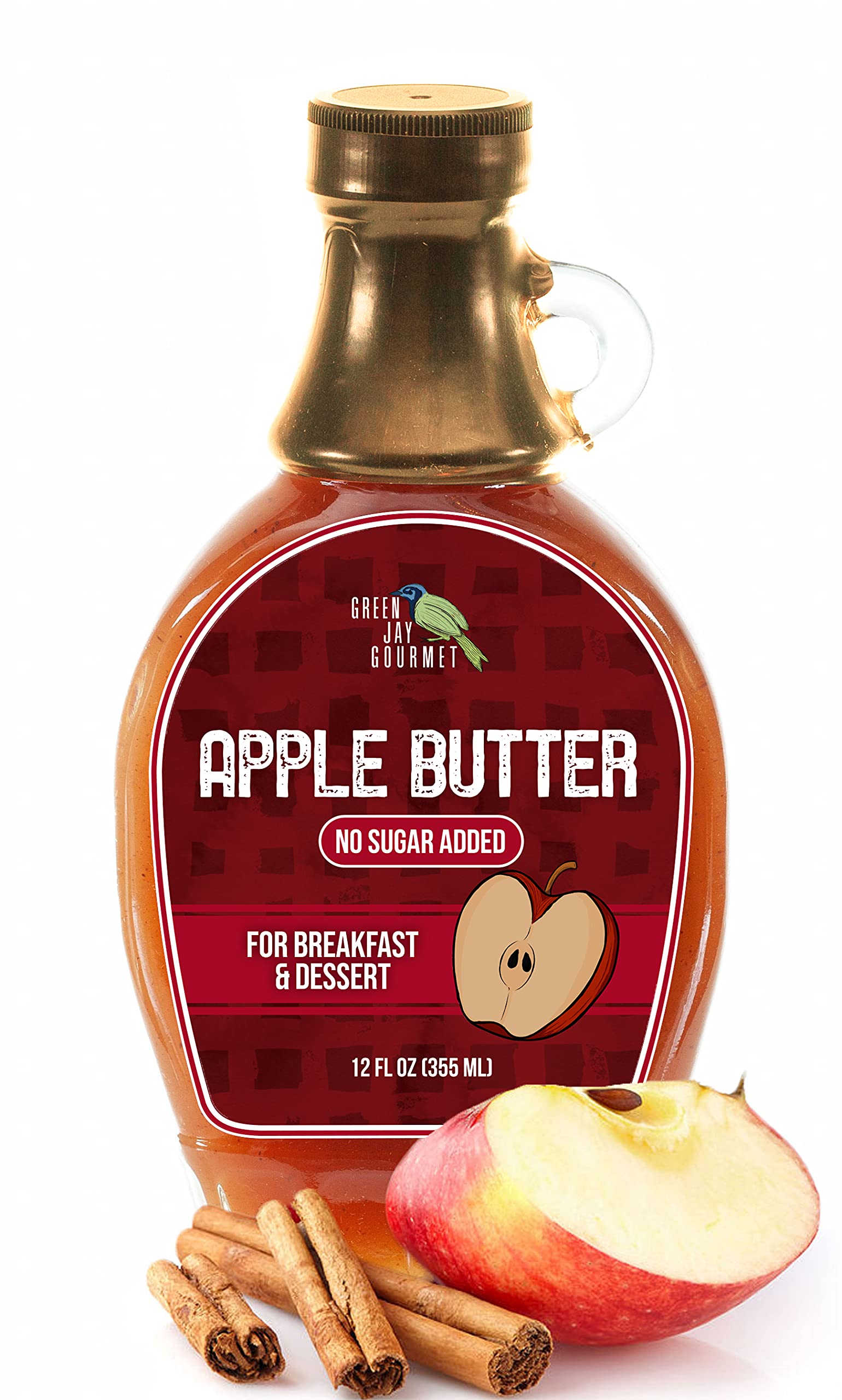 Green Jay Gourmet No Sugar Added Apple Butter Syrup - Low Sugar Breakfast Syrup with Fresh Apples, Lemon Juice & Spices - All-Natural, Non-GMO Pancake Syrup, Waffle Syrup & Dessert Syrup - 12 Ounce