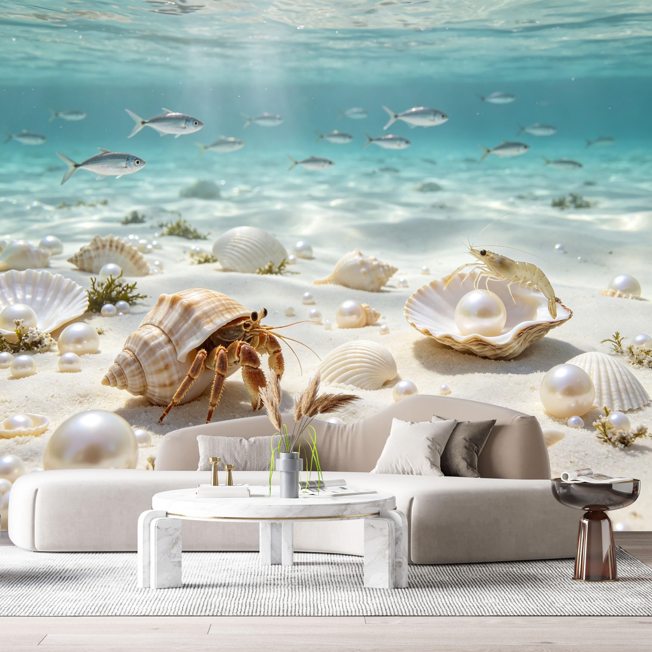 Custom Size Wall Murals Ocean Marine Tropical Hermit Crab Pearl Shell 3D Trompe L'Oeil SelfAdhesiveWall Fabric Removable Wallpaper Wall Decor for Living Room Bedroom Bathroom
