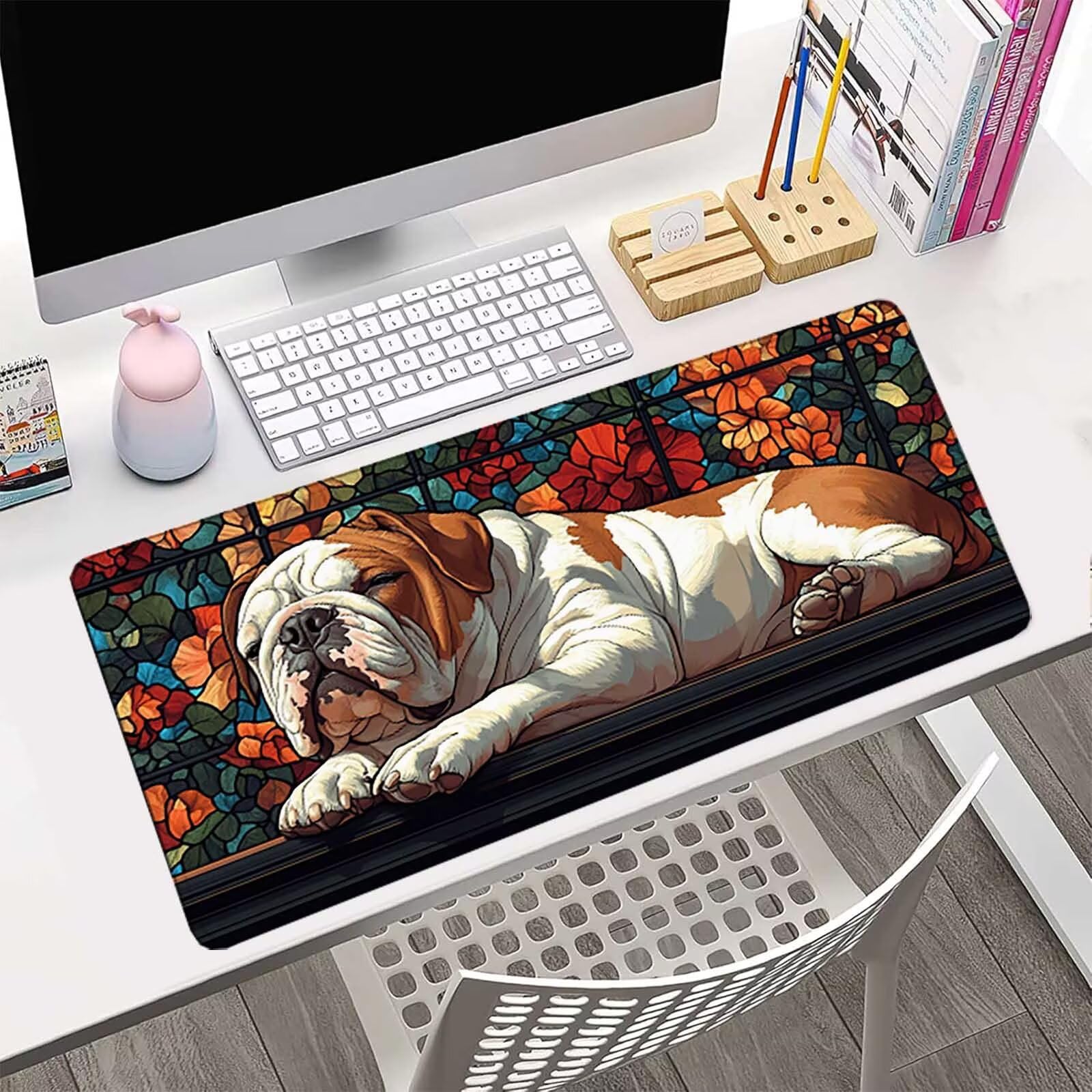 Żółta podkładka pod mysz XXL 1200 x 600 mm, wodoodporna podkładka pod mysz wzór psa szyte krawędzie design akcesoria biurowe antypoślizgowa gumowa podstawa powierzchnia dla graczy, biurko -hjw25063D