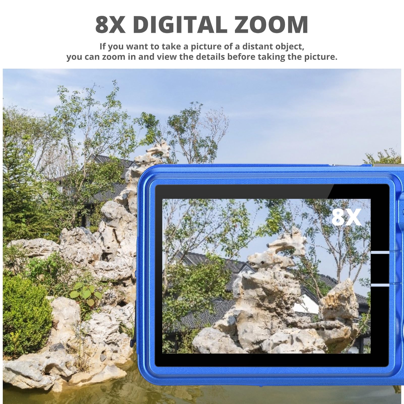 Fotocamera Digitale per Adolescenti, 4K 48MP Ultra HD Punta e Scatta Fotocamera, LCD da 2,7 Pollici Ricaricabile Fotocamera Compatta per Studenti con Zoom Digitale 8x, Mini (Blu)