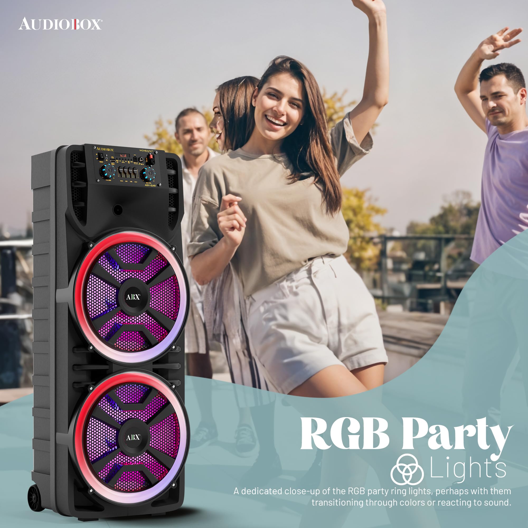 Audiobox ABX-214R Dual 30,5 cm tragbarer Bluetooth-Lautsprecher, leicht, aber laut mit BASS, RGB-Partylichtern, kabellosem Mikrofon, Lautstärke, Höhen und Bassreglern, 94 cm hoch