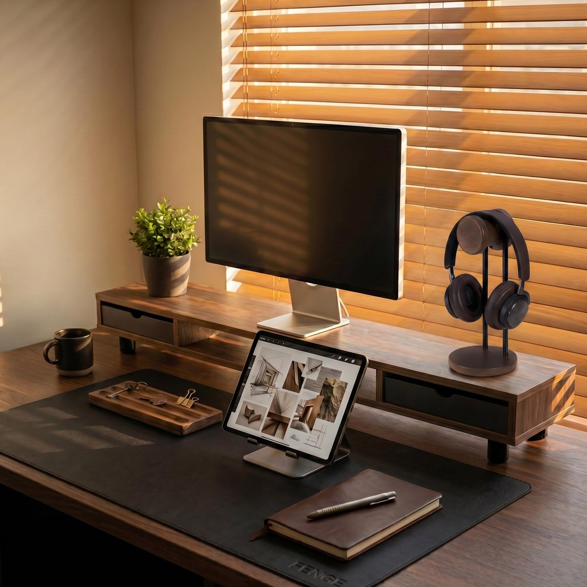 Fenge Monitorständer mit 2 PC Schublade,Höhenverstellbarer,108cm,Braun