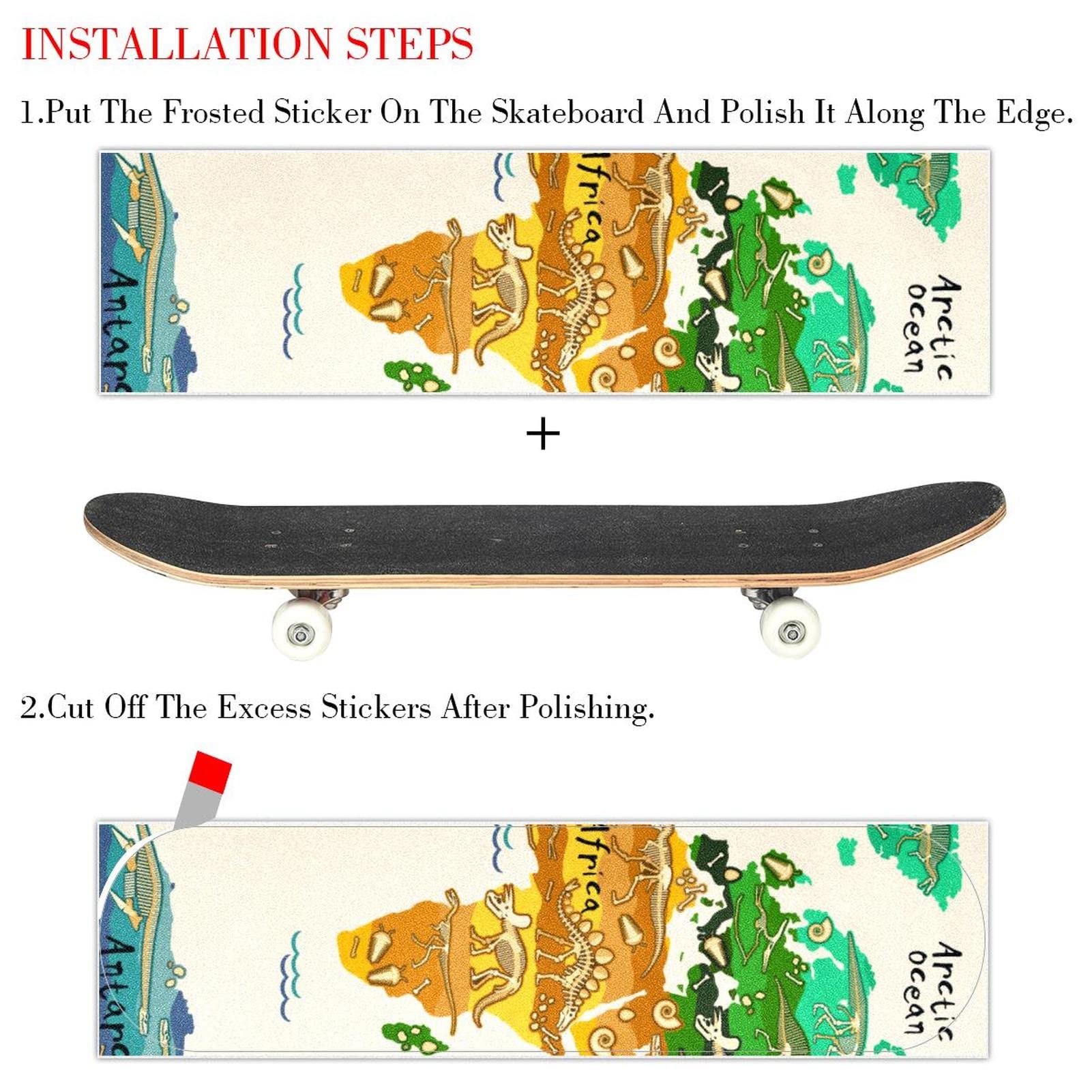 Lot de 2 feuilles de papier abrasif motif carte de dinosaure pour planche de skateboard et longboard