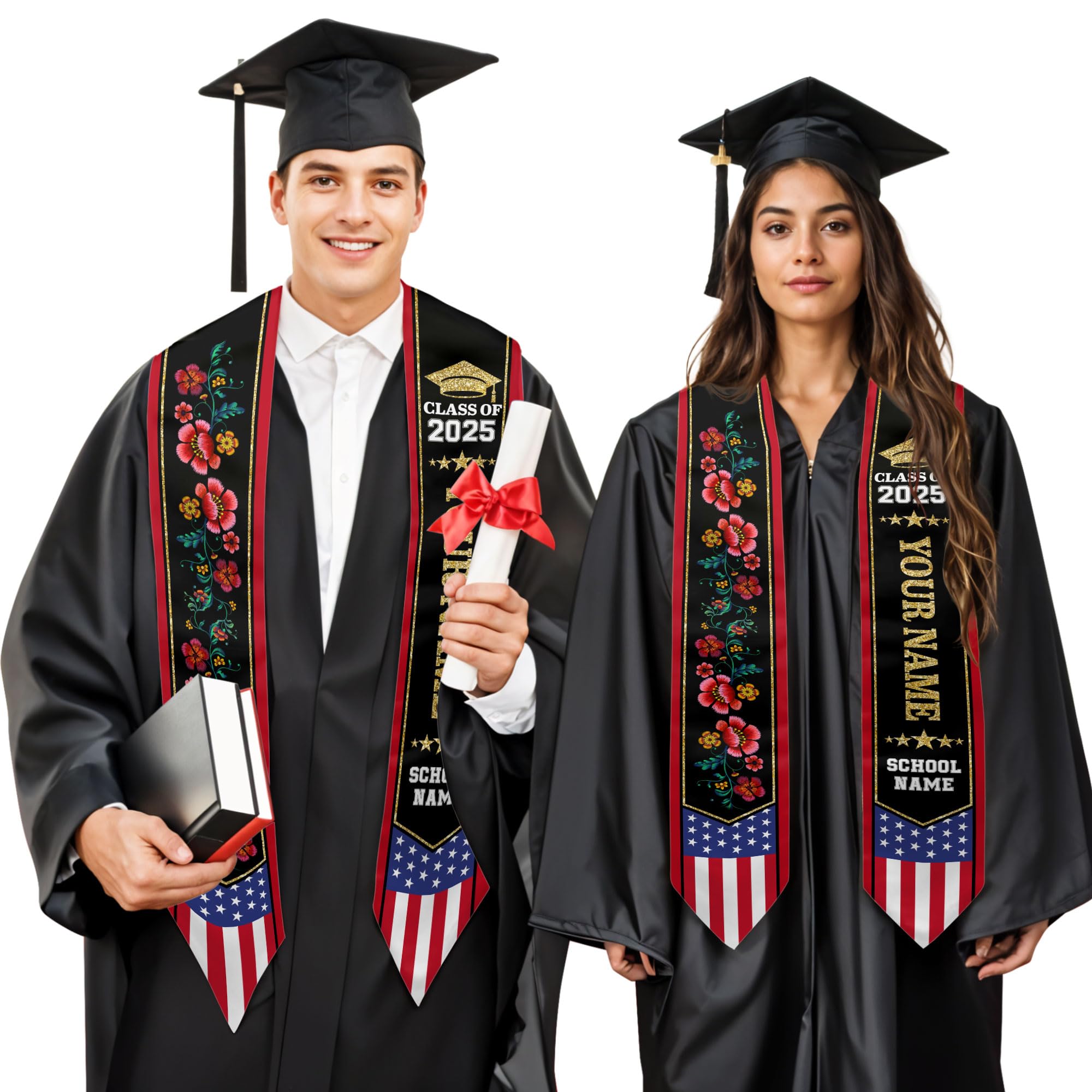 MonkeyVan Personalized USA Graduation Sash, Class of 2025 American Flag Stole Custom Stole for College High School University M5