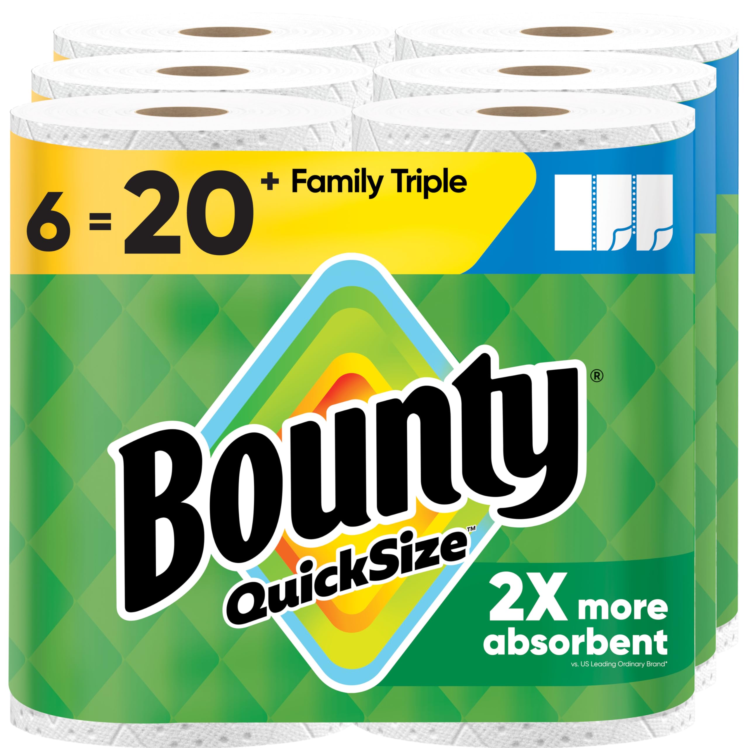 Bounty Paper Towels Quick Size, White, 6 Family Triple Rolls = 20+ Regular Rolls