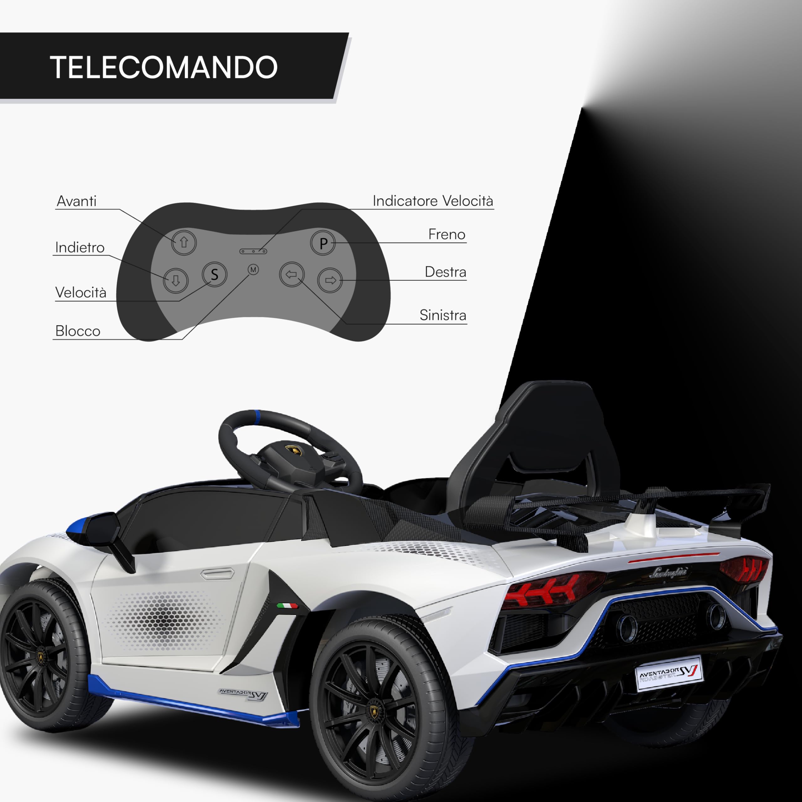 Baroni Toys Lamborghini Baby Car Elettrica 6V con Telecomando Genitori, Suoni, MP3, Retromarcia, Auto per Bambini 1-4 Anni, 100x60x50 cm Bianca