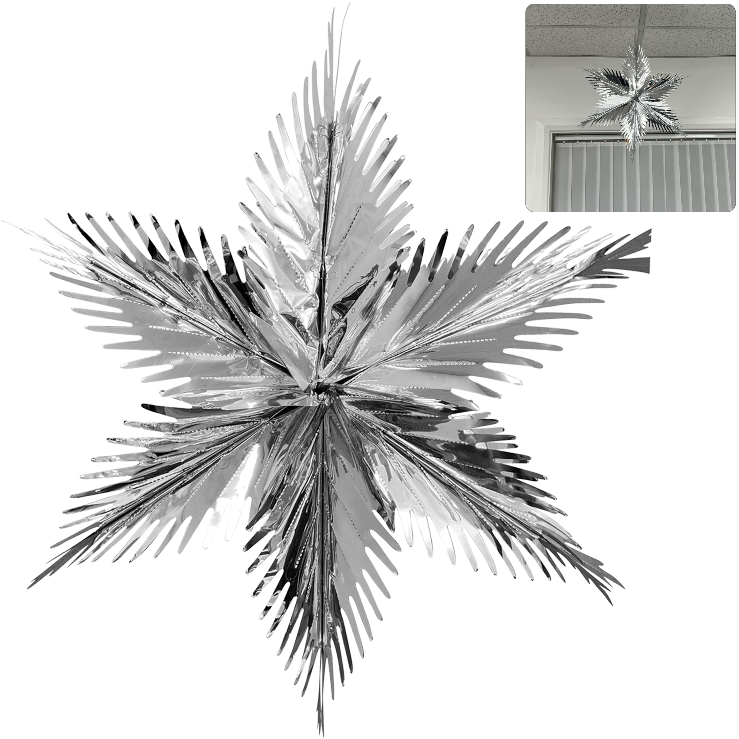 Hovuk 1X Silver- 60Cm Silver Christmas Foil Ceiling Decorations Hanging 60Cm, Indoor Outdoor Xmas Decorations For Door And Window