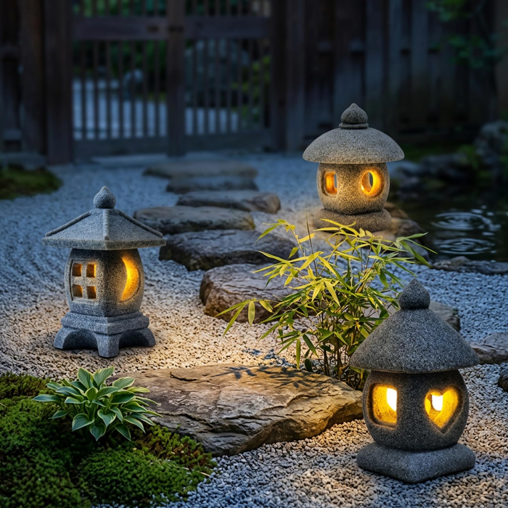 Statua da giardino a pagoda da 3 pezzi con luce LED calda, mini lanterna con texture in pietra realistica, decorazione da giardino giapponese e figurine bonsai