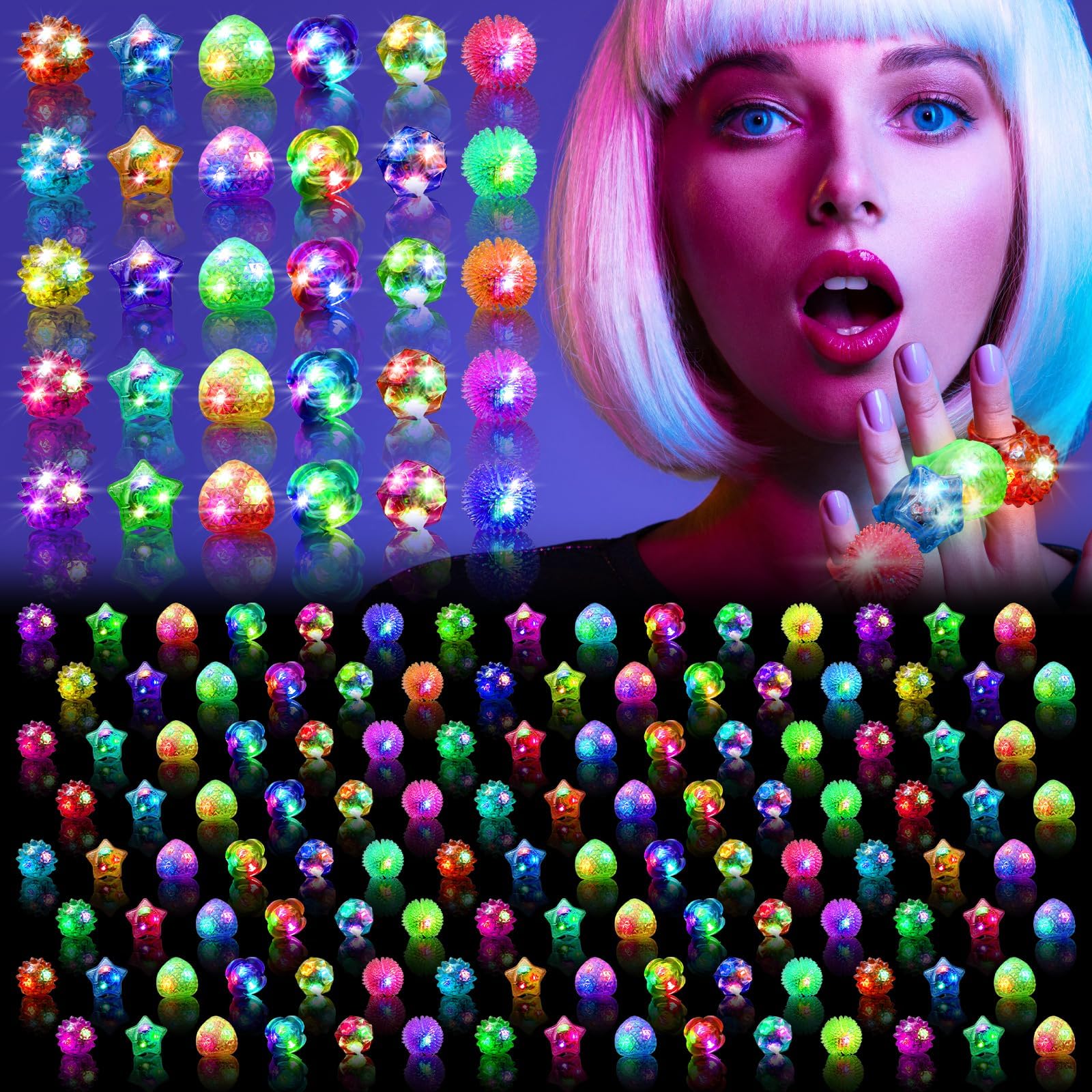 Valentines Day 150 Pcs Light Up Rings, New Year Glow In The Dark Party Supplies, 6 Style Flashing Glow In The Dark Rings for Adults & Kids, LED Ring for Birthday Party Favors, Concert, Raves, Halloween, Christmas