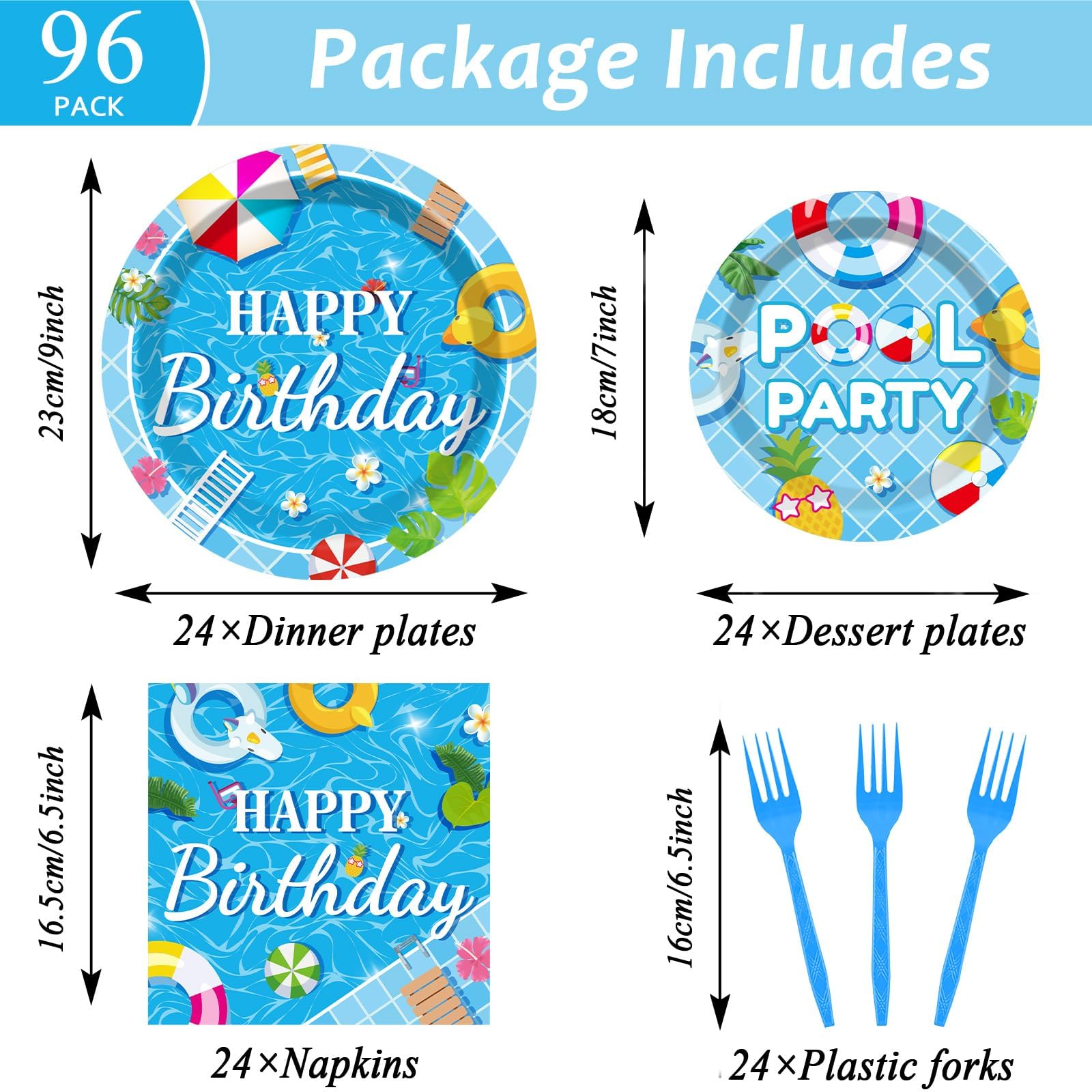 96 Pieces Pool Birthday Party Tableware Set for Summer Beach Table Decorations Supplies Beach Ball Dessert Plates Summer Pool Party Napkins Forks for 24 Guests Hawaiian Birthday Party Favors