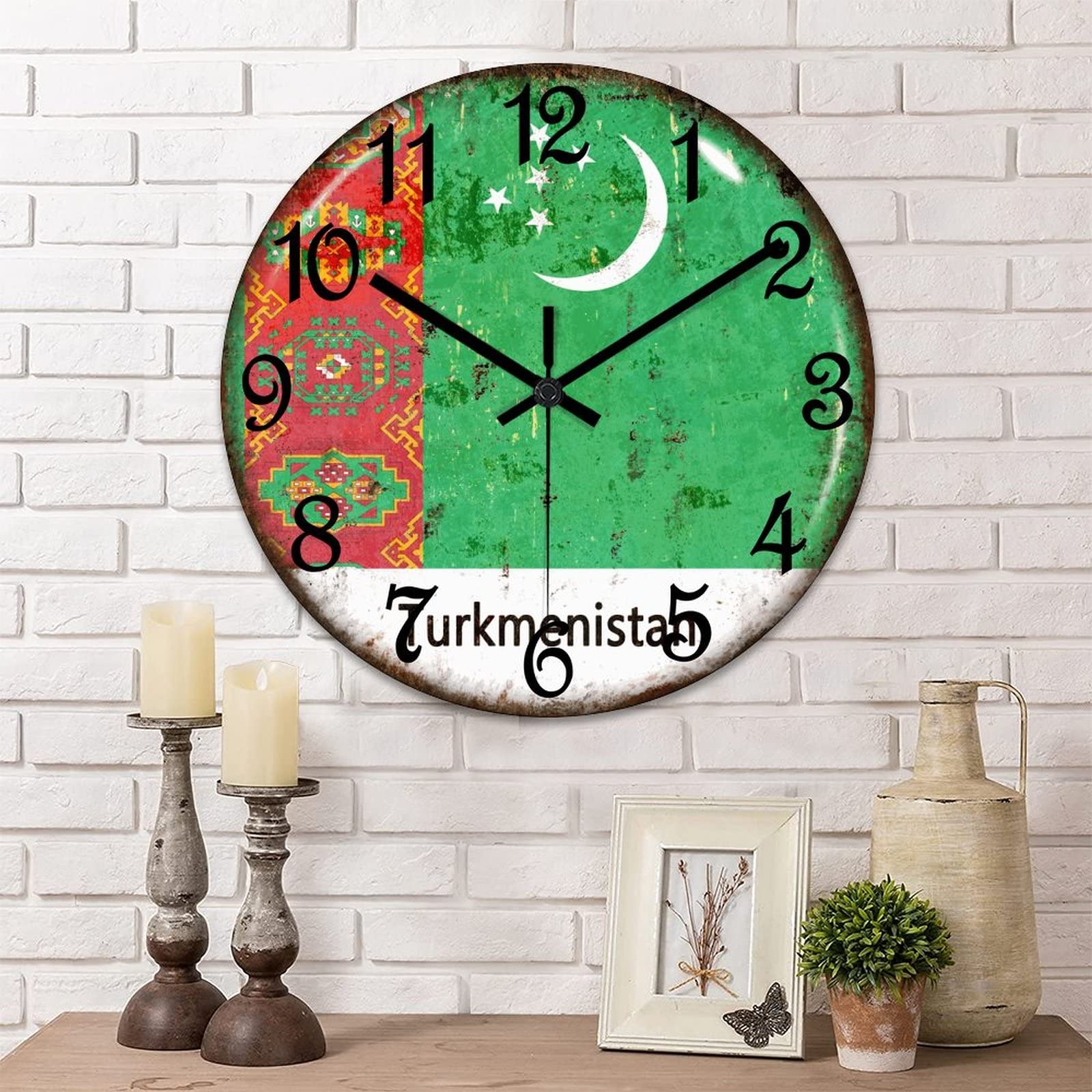 Horloge murale silencieuse drapeau Turkménistan ronde en bois fonctionnant sur pile
