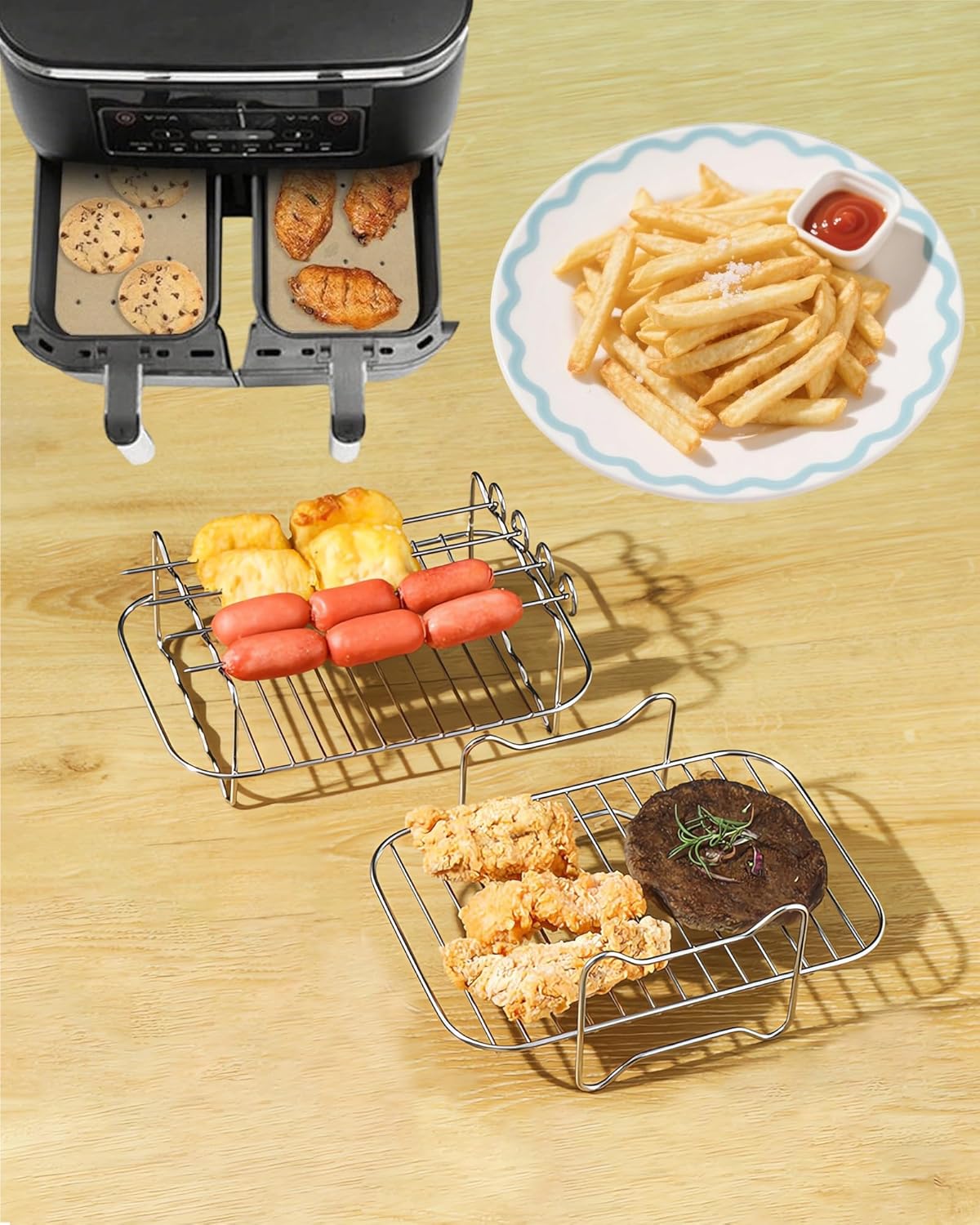 Dual Basket Air Fryer Accessories, 2 Packs Air Fryer Racks with 100pcs Parchment Paper for Ninja Foodi DZ401/ DZ201 and Other 8-10 QT Dual AirFryer