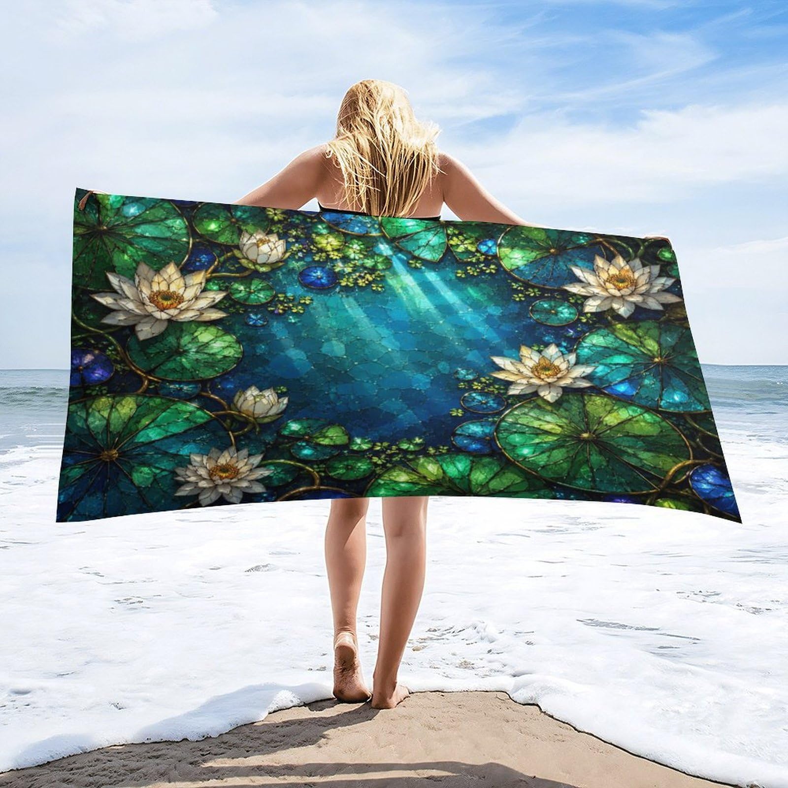 Anceky Water Lily Pond Stained Glass Beach Towel 32"×63",Soft Microfiber Bath Towel Shawl, Quick Dry Absorbent Pool Spa Gym Shower Towel