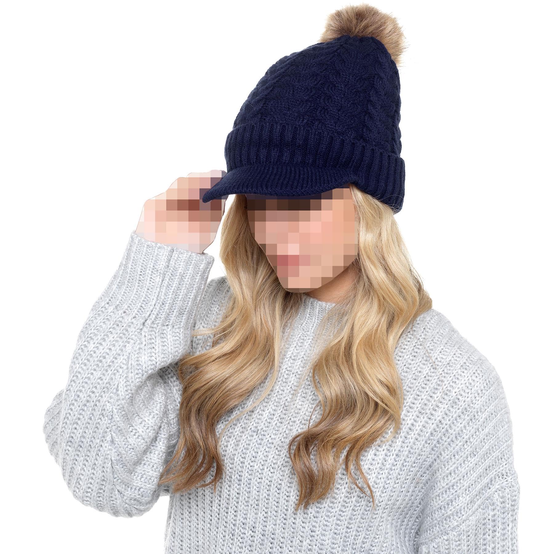 A2z Women's Navy Hat Cable Knitted Peaked Sherpa Lined Detachable Faux Fur Pom - Hat Lh873 One Size