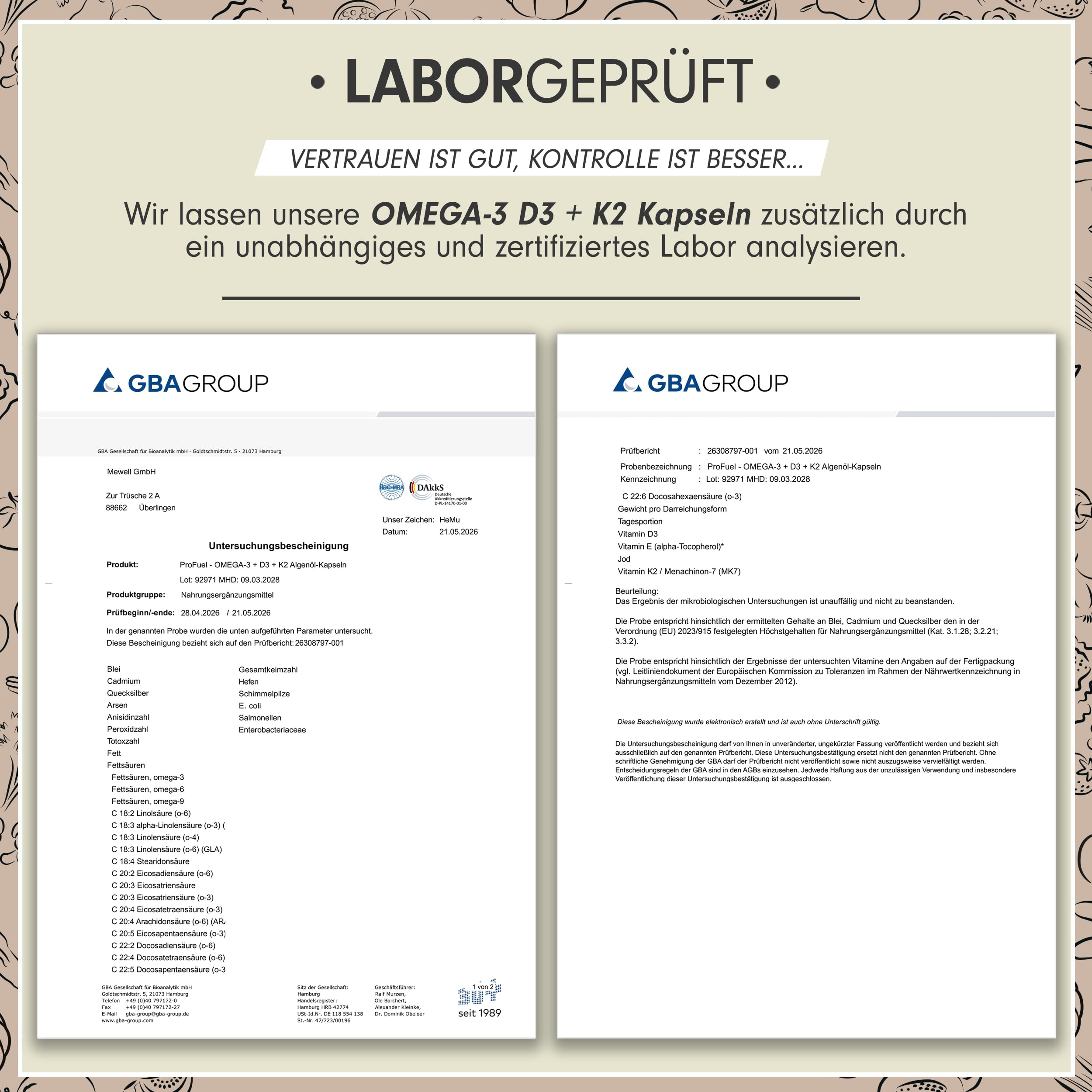 Omega-3 vegan + D3 & K2 (60x), 1100mg Algenöl mit 600mg DHA & 300mg EPA + 1000 IE Vitamin D3 + 40 µg Vitamin K2 - O3 D3 K2 vegan Essentials - Omega-3 Kapseln laborgeprüft mit Zertifikat