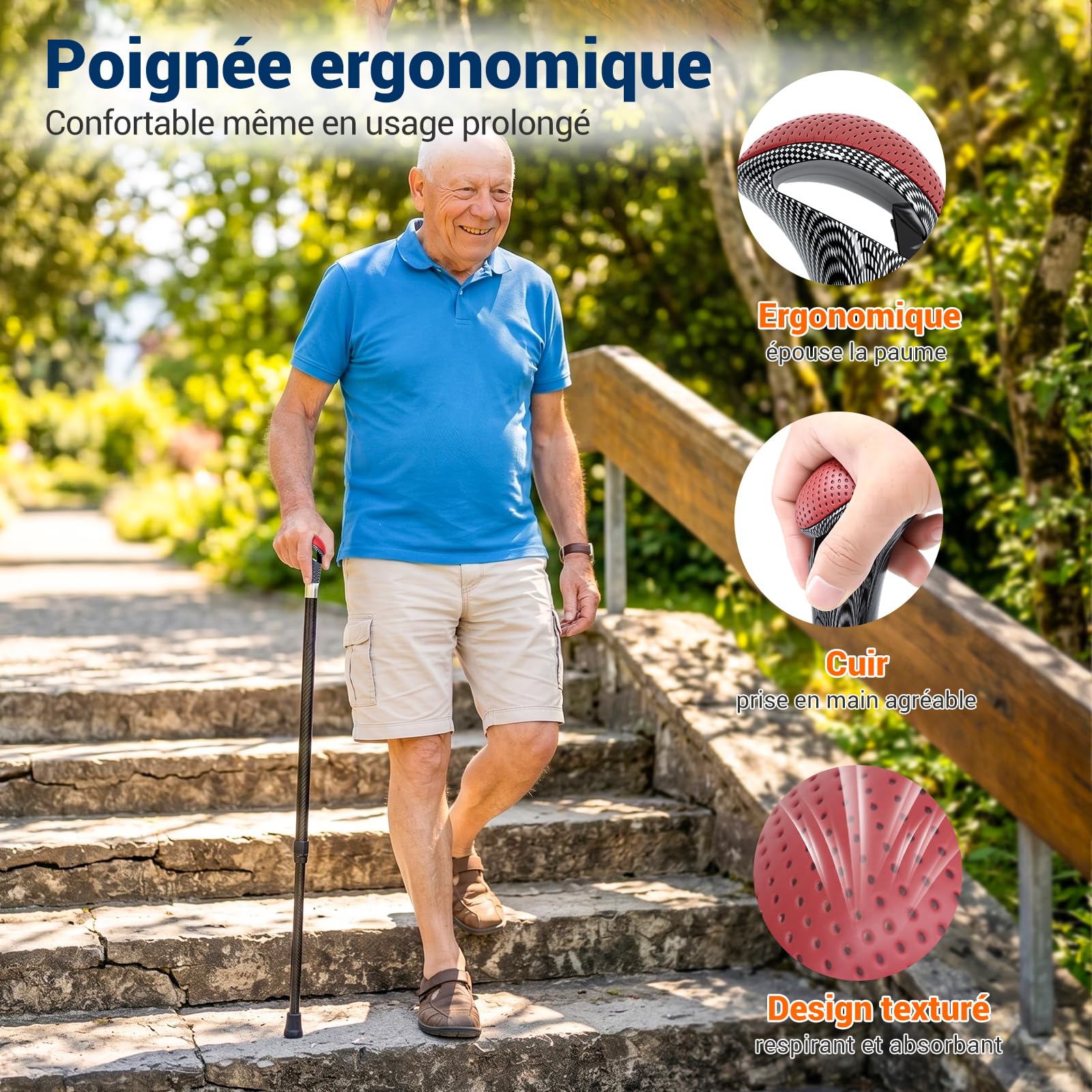 Care-Parents Canne de Marche en Carbone, Ultra légère (250 g) et Télescopique(79-102cm), et Portable, avec Embout en Caoutchouc Antidérapant, pour Homme et Femme, Elégante et Moderne