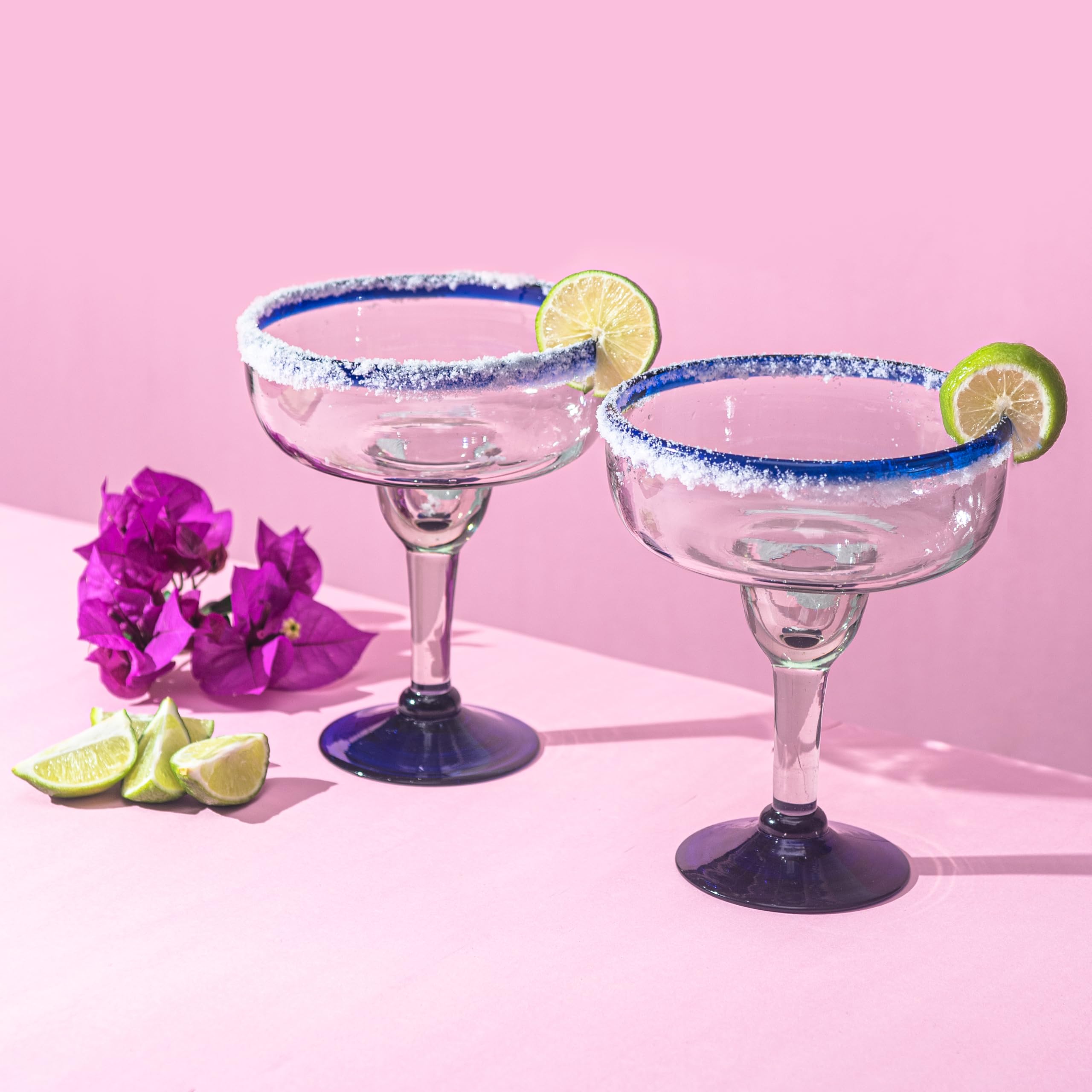 Vasos grandes de margarita mexicana soplados a mano, auténtico cristal hecho a mano de México, borde azul cobalto, juego de fiesta, perfecto para margaritas, piña coladas, cócteles congelados u otras