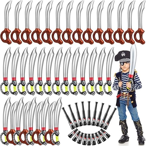 Miniatura 3 de Libima Juego de 54 espadas inflables para fiesta pirata, telescopio retráctil, para Halloween, cosplay, incluye 36 espadas piratas, 18 telescopios