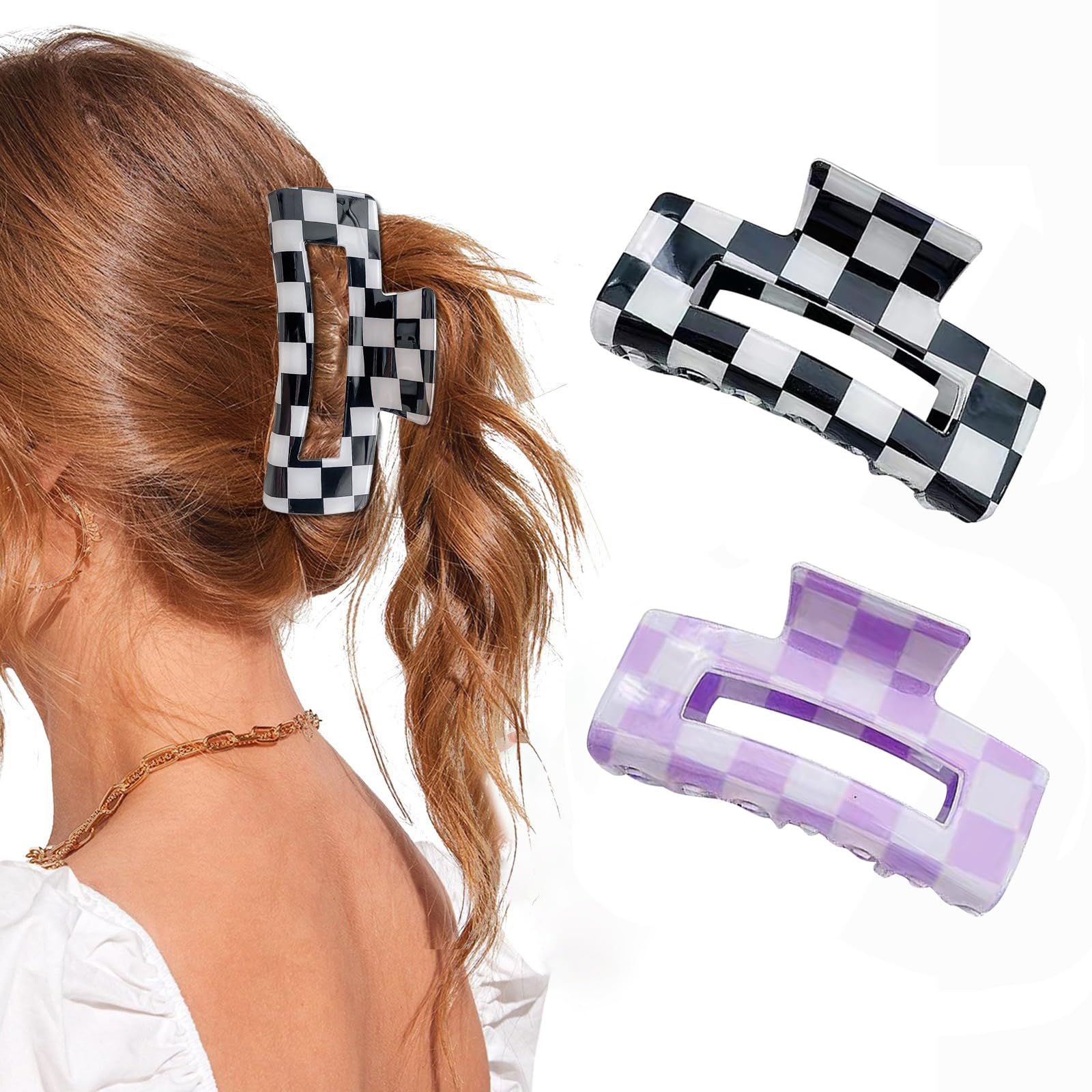Paderison 2Pcs Checkered Rectangle Multicolored Claw Barrettes - Strong Hold Y2K Hair Accessories for Thin and Thick Hair (Purple)