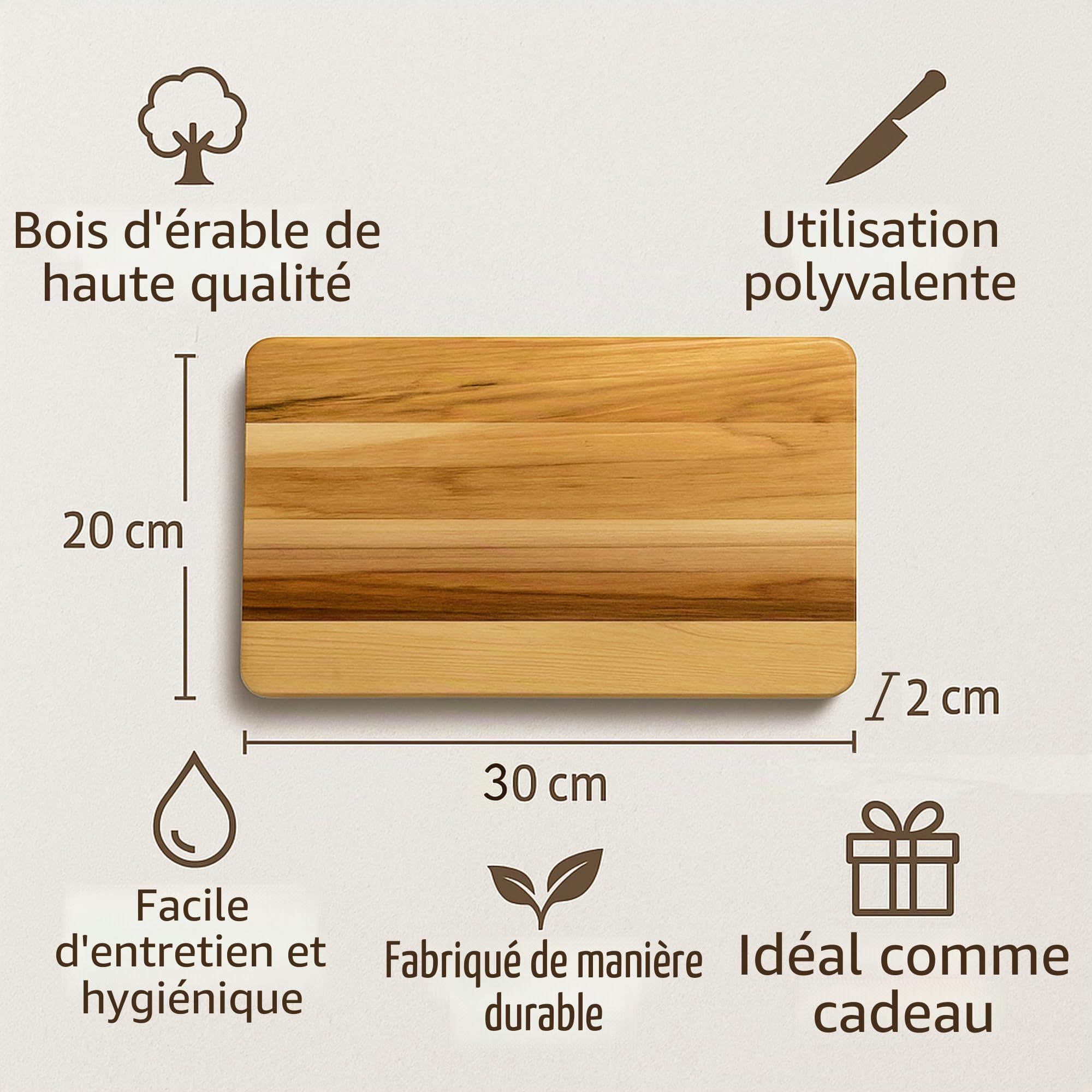 Planche à découper en bois d'érable - 30 x 20 x 2 cm - En bois domestique - Pratique - Planche à découper - Planche de service - Planche à petit-déjeuner huilée rectangulaire (1)
