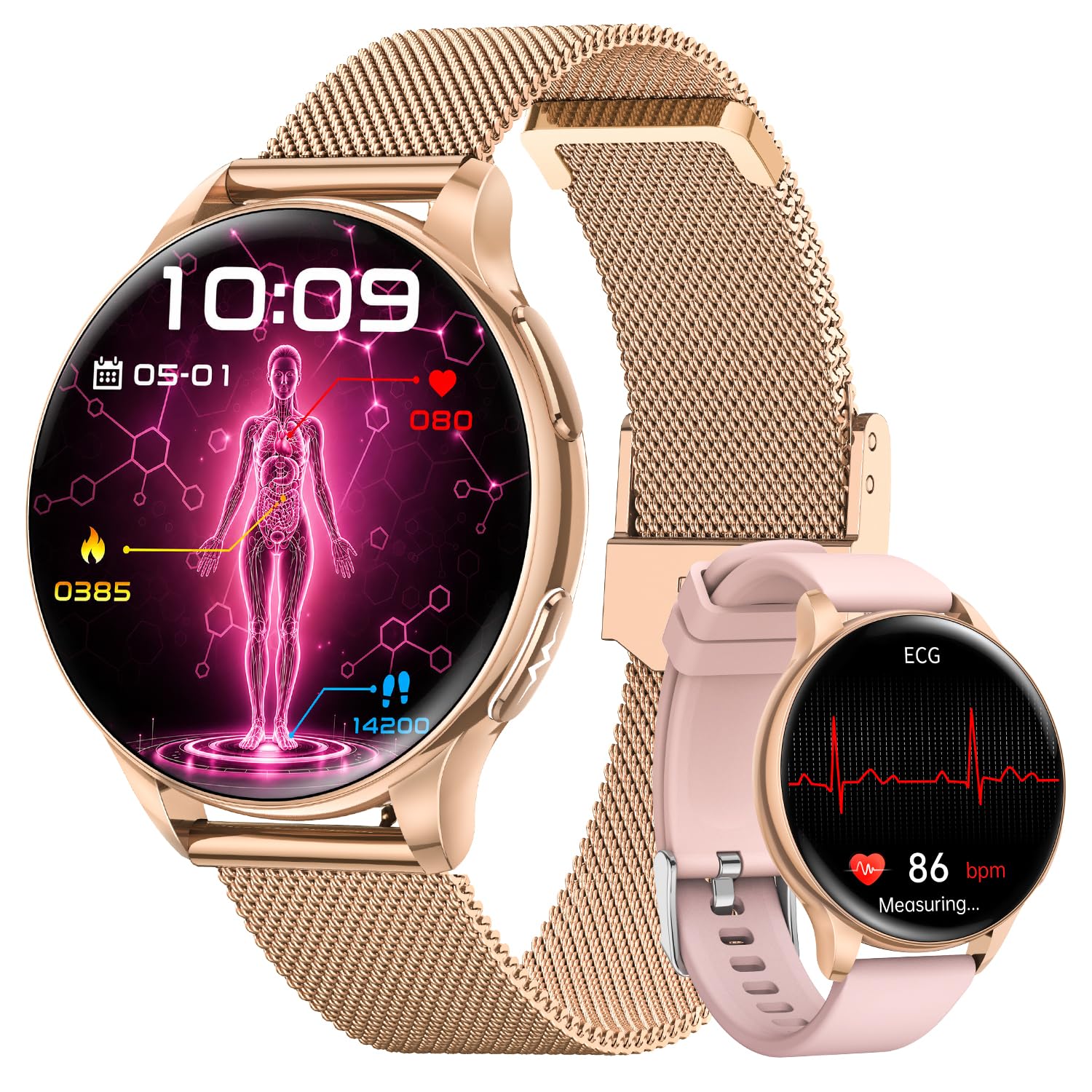 FOSMET Smartwatch Donna ECG/HRV/BMI, Pressione Sanguigna, 1.32" AMOLED Screen Oro
