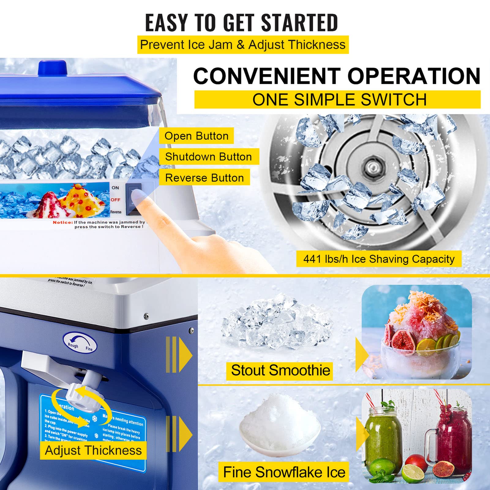 Macchina elettrica per tritaghiaccio per tritaghiaccio Cono di Neve Ghiaccio congelato per tritare Granite Macchina per Catering Spessore Regolabile 441 libbre/H 320 Giri/min per Bar e Negozi commer