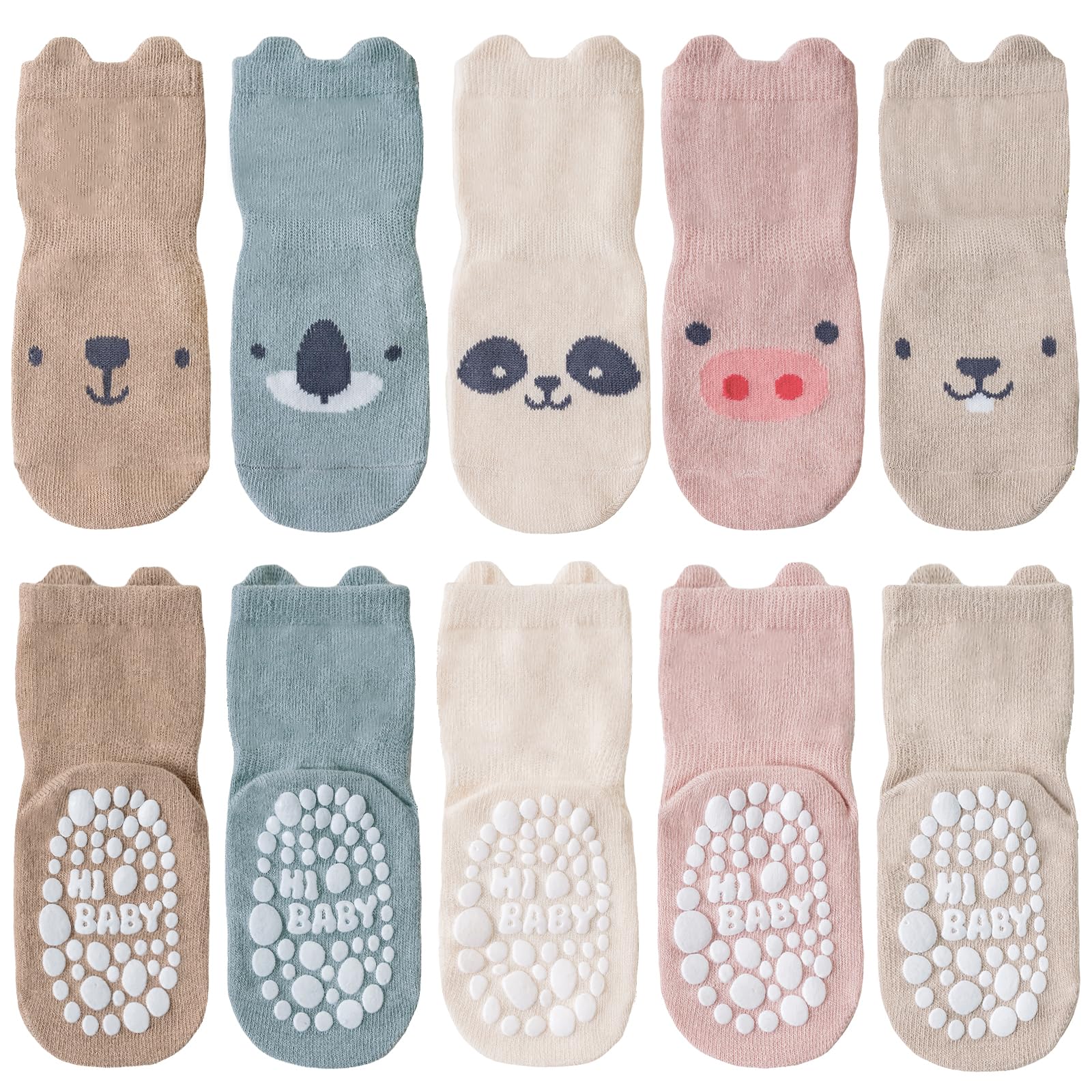 SockWaddles Stoppersocken Kinder Baby, 5 Paar ABS Atmungsaktiv Antirutschsocken Kinder, Krabbelsocken Baby Baumwolle, Jungen und Mädchen Crew Socken mit Tiere