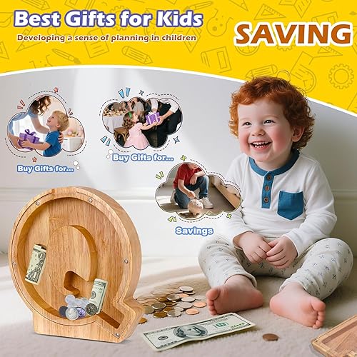 Miniatura 10 de CCHKFEI - Alcancía de madera personalizada, tarro de monedas personalizado, alcancía creativa de 26 letras, tarro de almacenamiento para niños,
