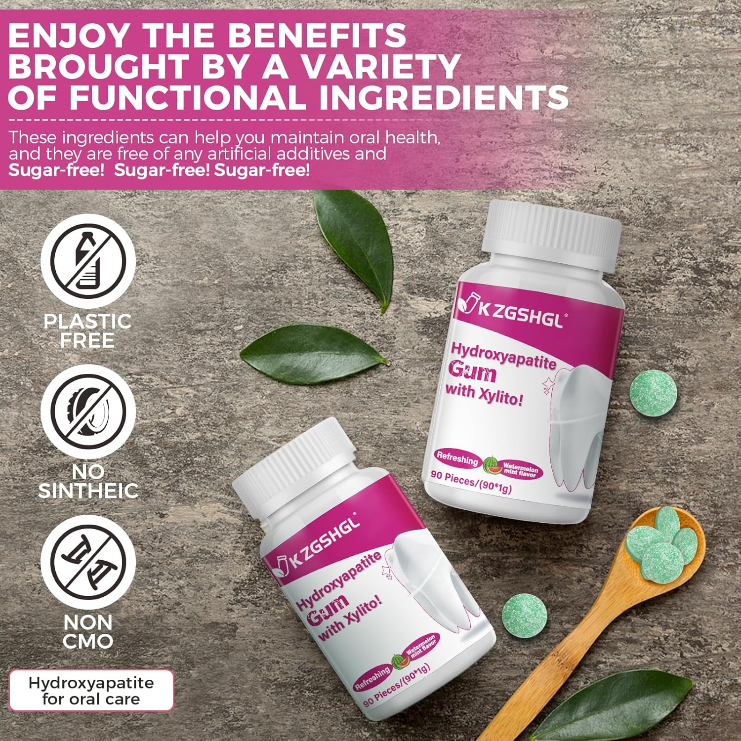 Hydroxyapatite Gum, 90 Pieces, Good for Teeth Remineralization, Sugar-Free Watermelon Chewing Gum with Xylitol, Two pieces after meals to freshen breath and protect the mouth