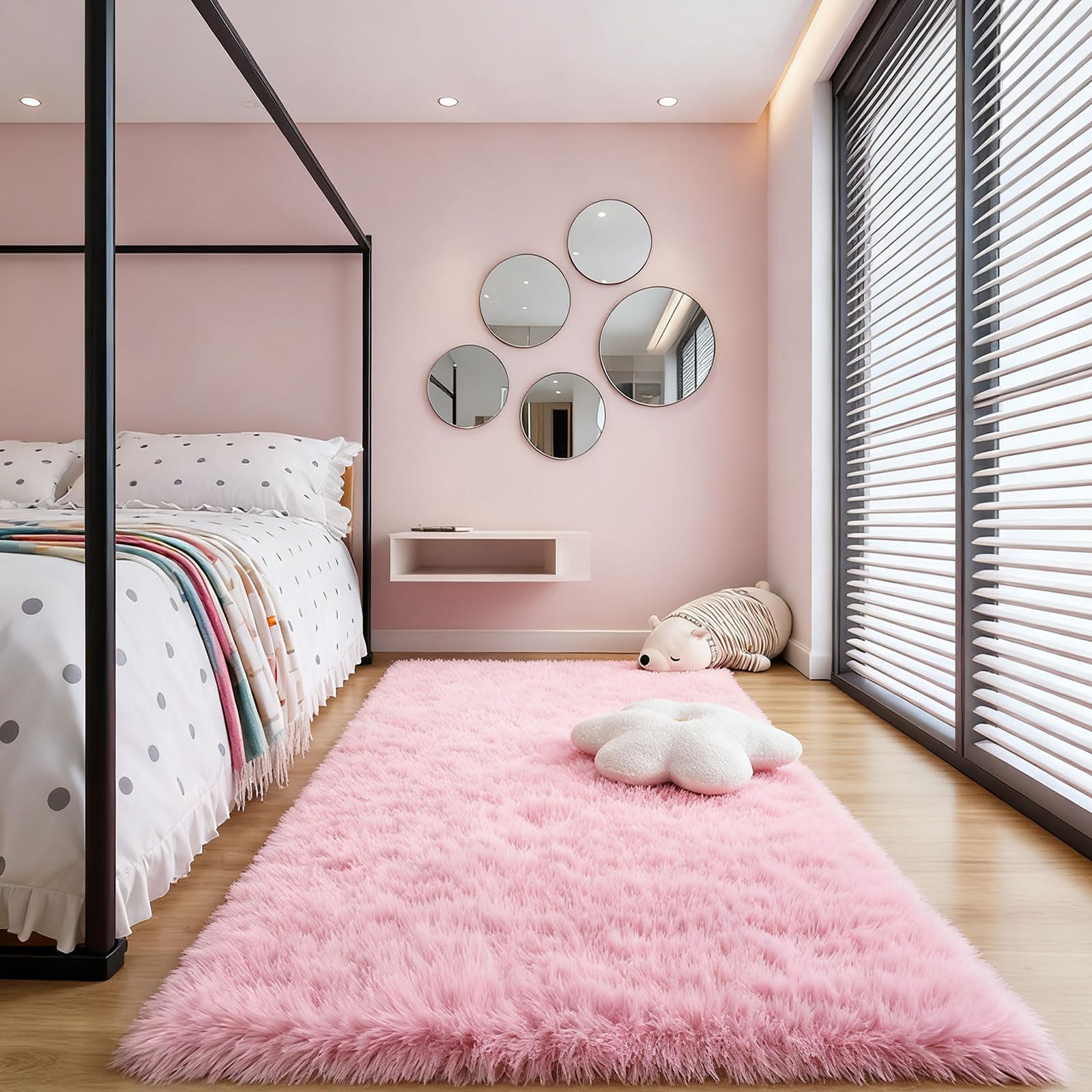 Tapis chambre shaggy 260 x 280 cm rectangulaire rose pour le salon